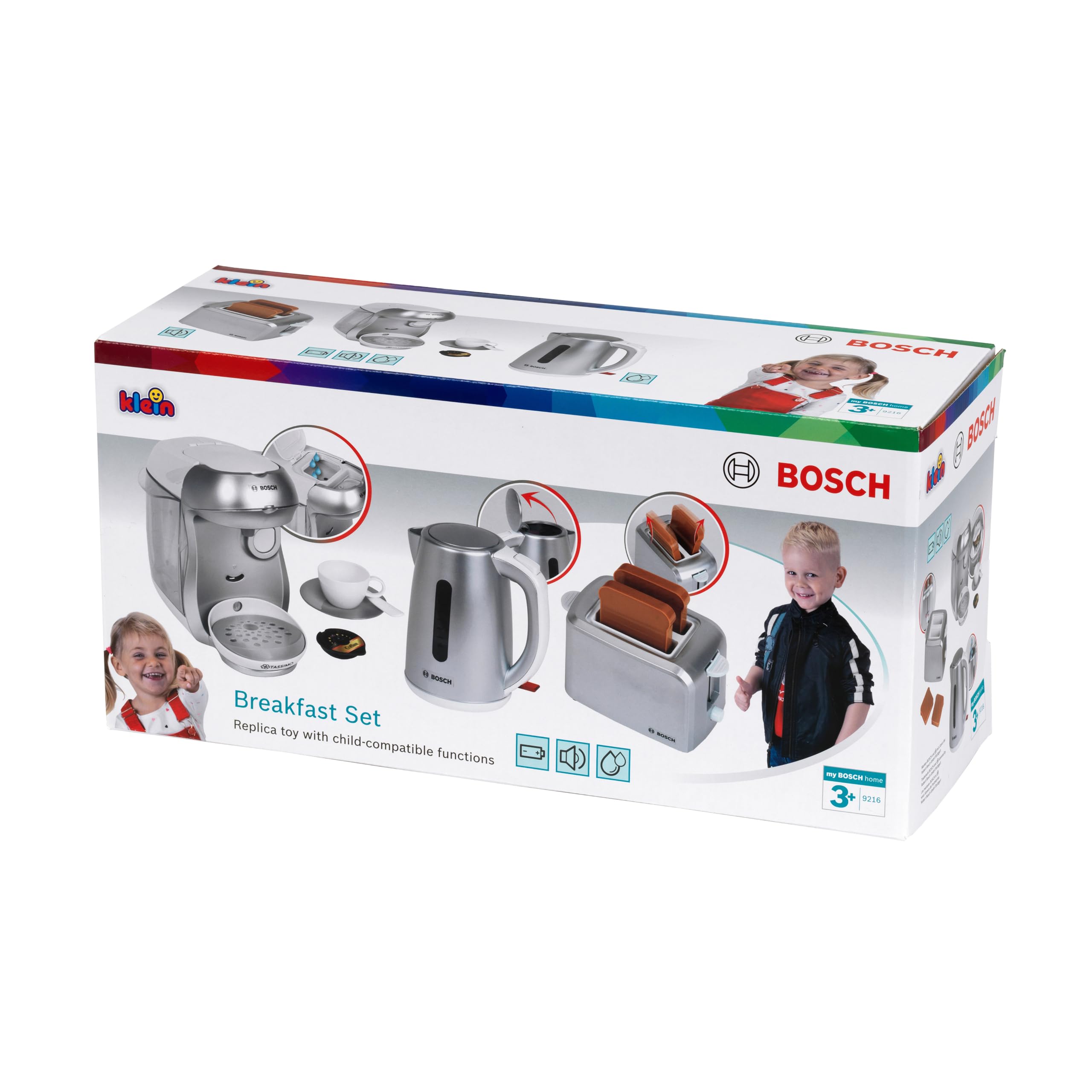 Theo Klein 9216 Bosch Set Petit déjeuner, Set d'accessoires de Cuisine composé d'un Grille-Pain, d'une cafetière Automatique et d'une Bouilloire électrique, Jouet pour Enfants à partir de 3 Ans