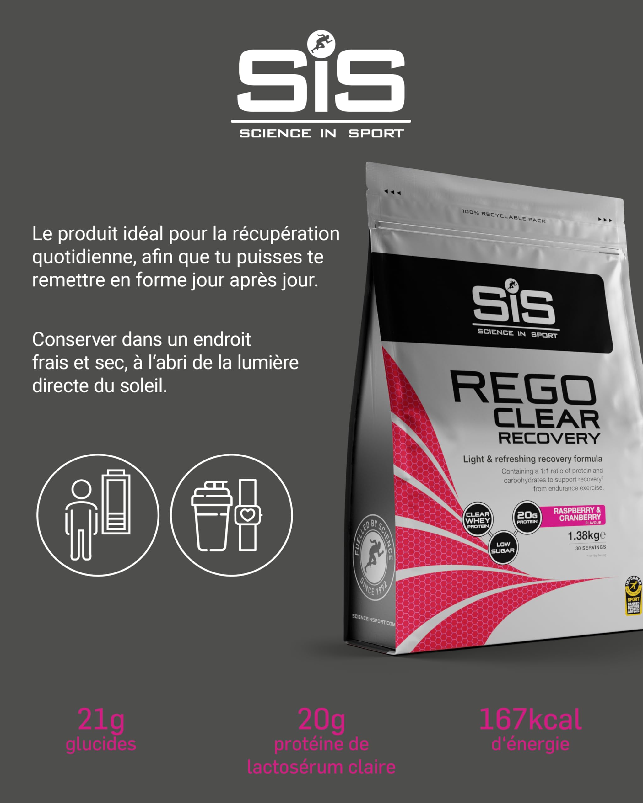 Science in Sport Rego Clear Isolate Poudre 1,38kg Framboise & Airelle - Poudre boisson récupération avec glucides, protéines et vitamines, soutient un entraînement efficace