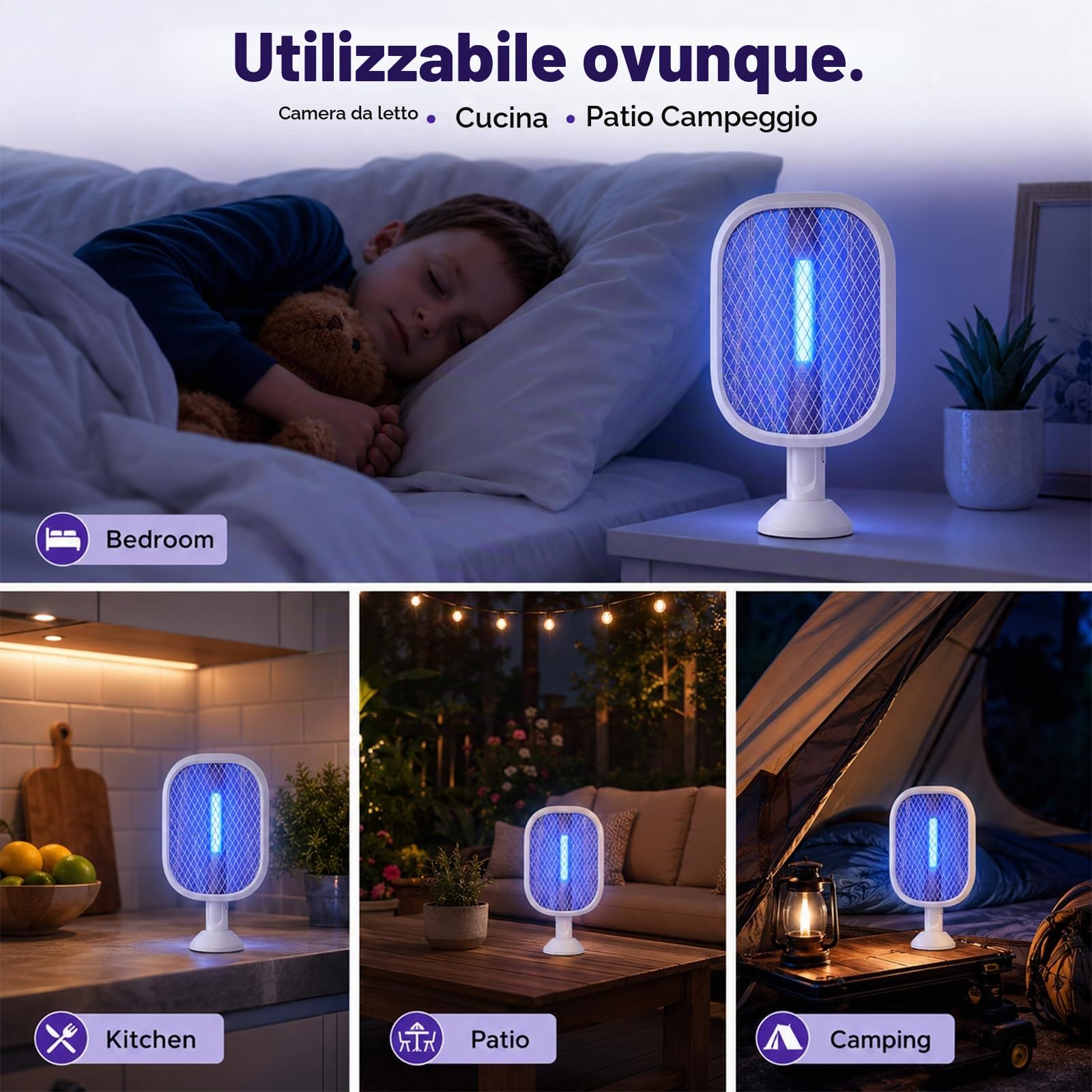 Racchetta Zanzare Elettrica (2 Pezzi), 5000V Ammazza Zanzare e Mosche 2 in 1 con Luce Notturna, Testa Pieghevole 180° e Lunghezza regolabile da 61 a 72 cm, 2000mAh, Lampada Antizanzare da Interno