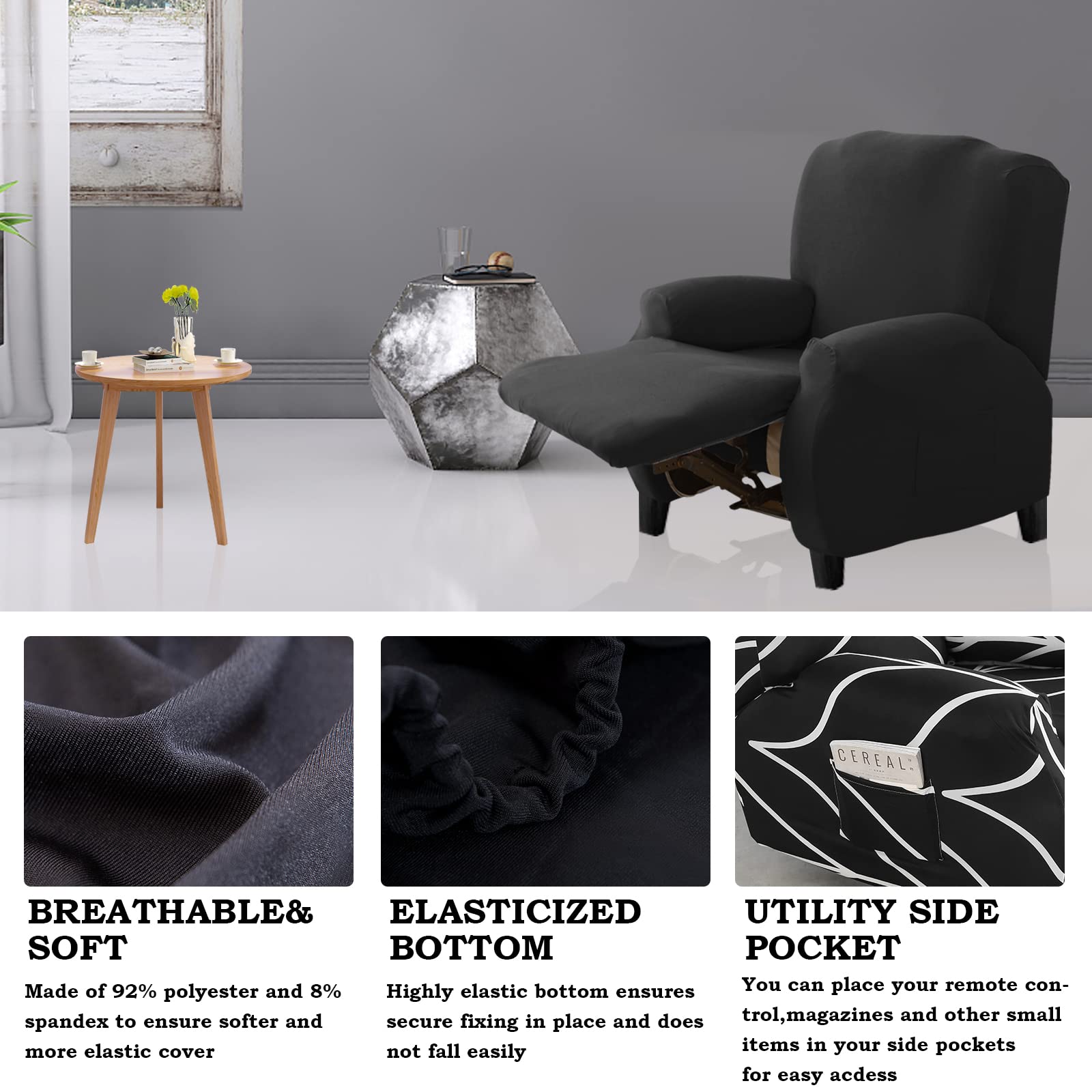 Lydevo Copripoltrona Relax Reclinabile Universale, 1 Posto Reclinabile con Tasche, Elasticizzato Lavabile Rimovibile, Fodere per Poltrona Relax, Nero