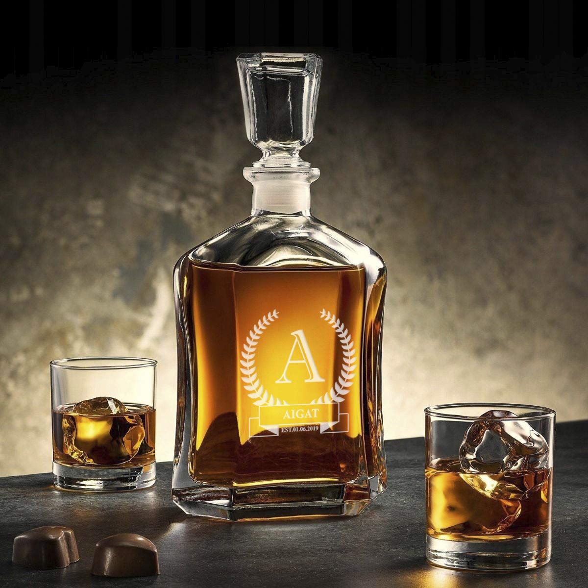 Juego de decantador personalizado con 4 vasos de whisky de 270 ml, tamaño del decantador 700 ml