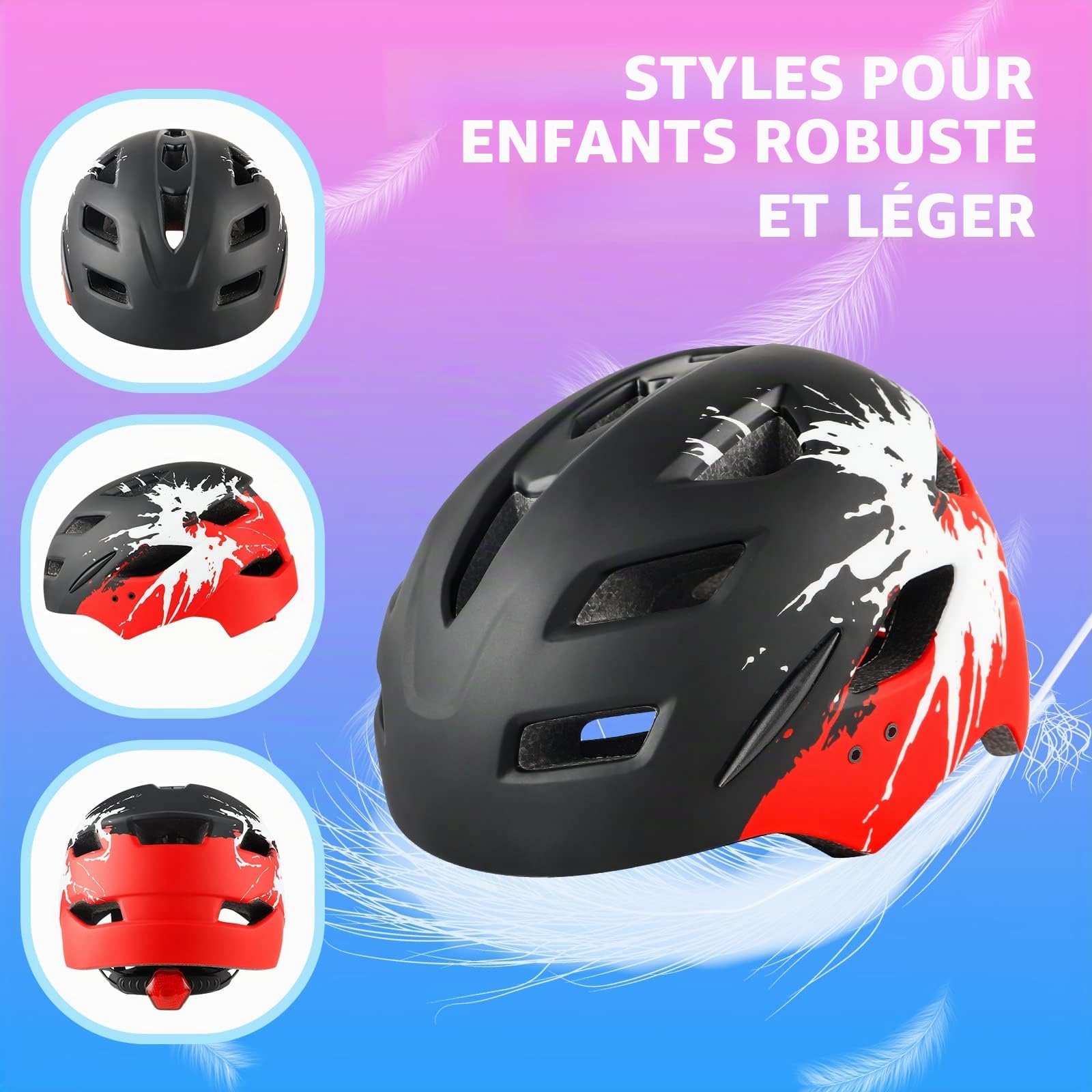 Casque de vélo Enfants 4-15 Ans léger avec feu arrière Cadran réglable visière Amovible 48-56 cm