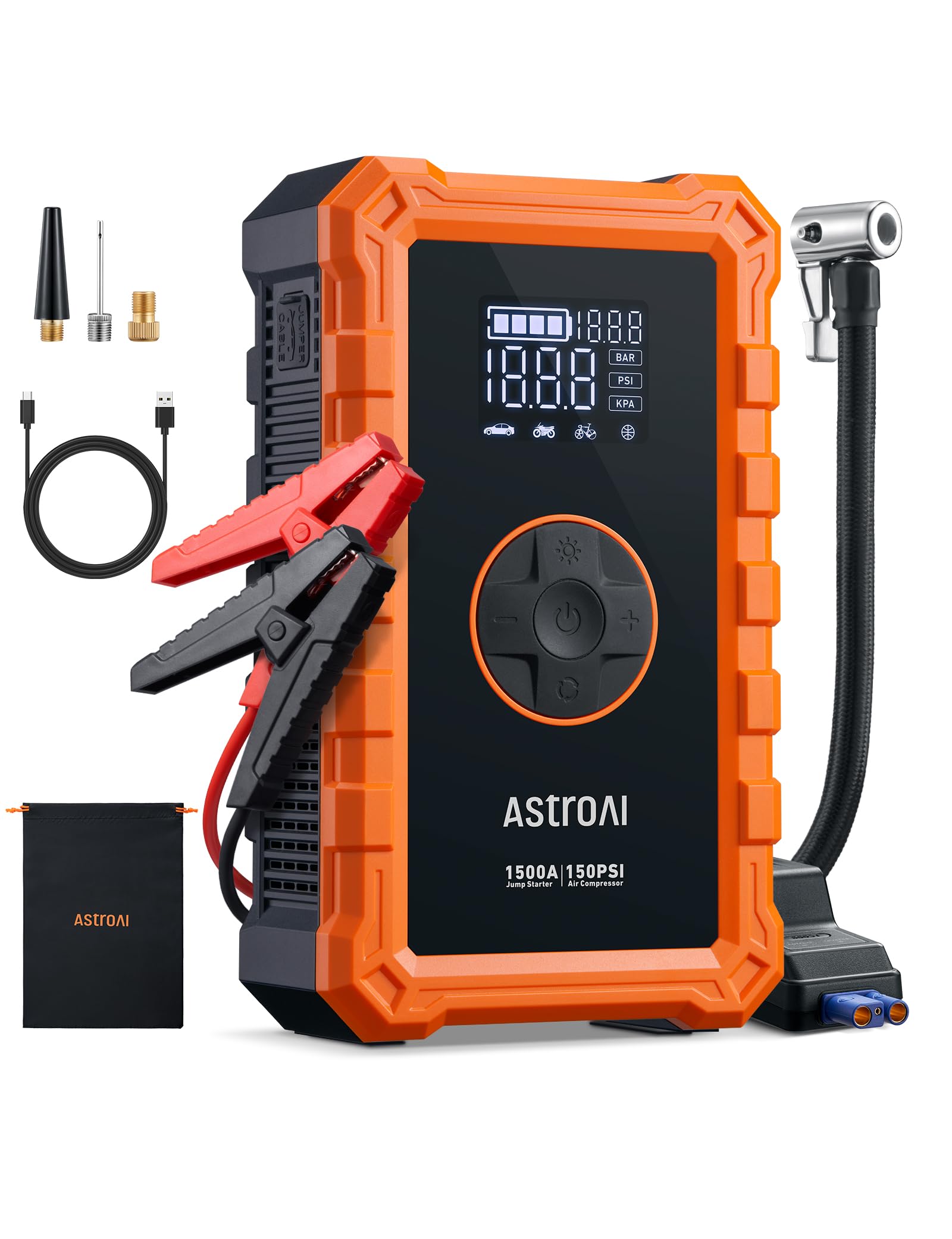 AstroAI Arrancador de Baterias de Coche con Inflador Ruedas Coche, 1500 A Arrancador de Coche Portátil (6,0 L de Gasolina/3,0 L de Diésel), 150 PSI Compresor de Aire Inalámbrico