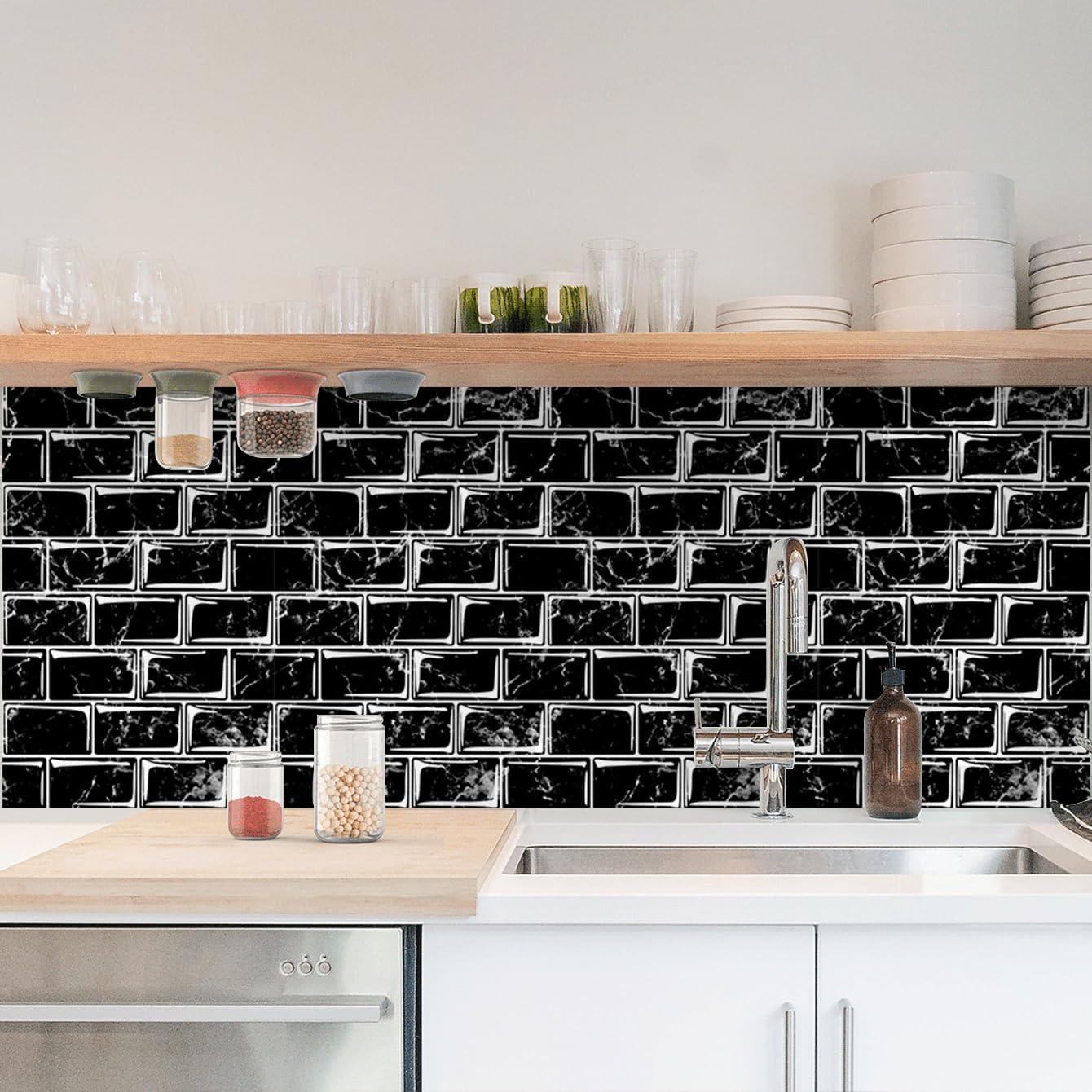 Chejiaye 3D Kitchen Backsplash Tiles, Peel and Stick Wall Tiles, Countertop Marble Contact Paper, Renter-Friendly Kitchen Wallpaper, Bathroom Waterproof Self-Adhesive Wallpaper 17.7" x 78.7" Black1…