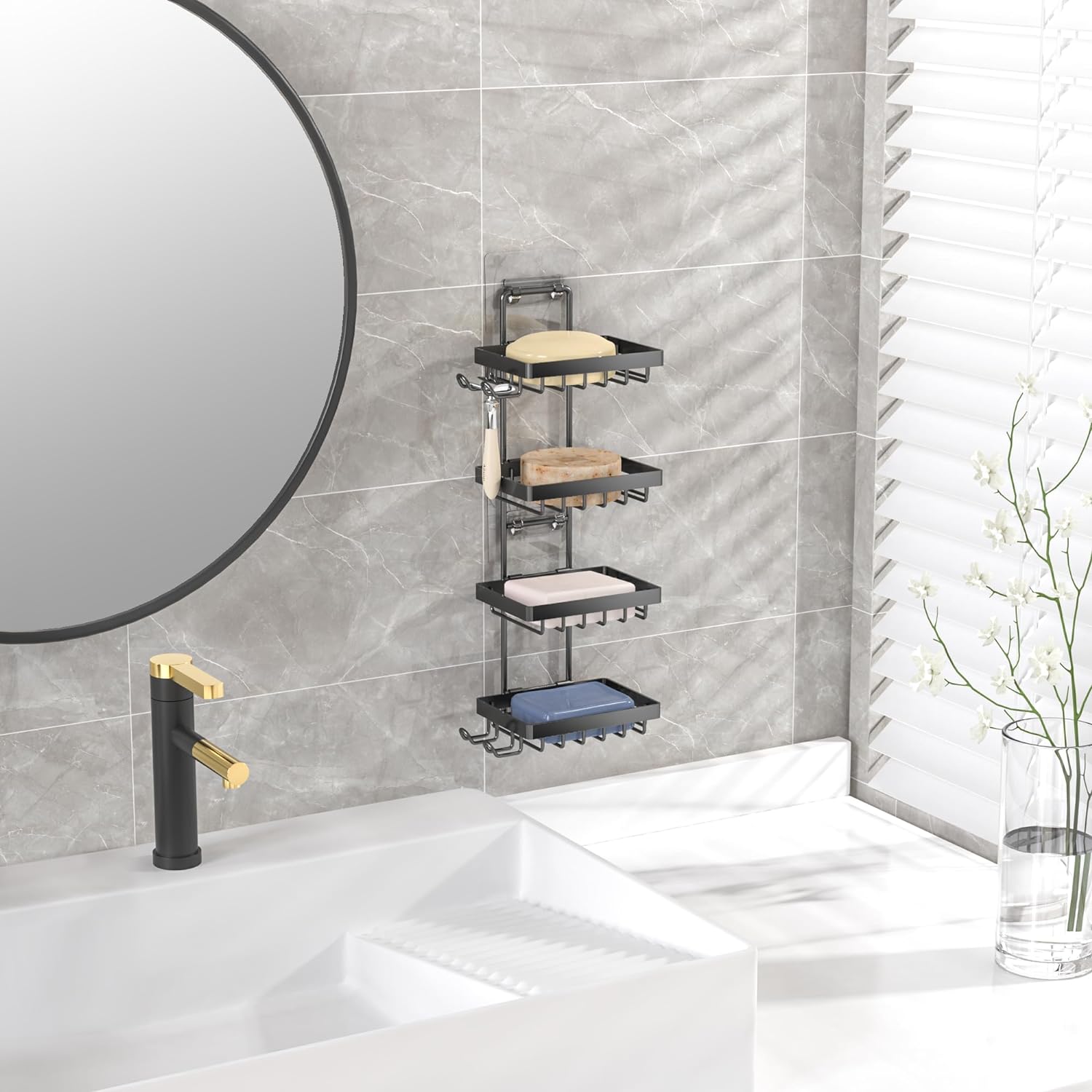 Moforoco 4 Tier Soap Bar Holder for Shower, No Drilling, 304 Stainless Steel, Wall Mounted Soap Holder with 4 Hooks and Razor Holder, Shower Rack Soap Tray Bar Soap for Bathroom Accessories Organizer - Image 6