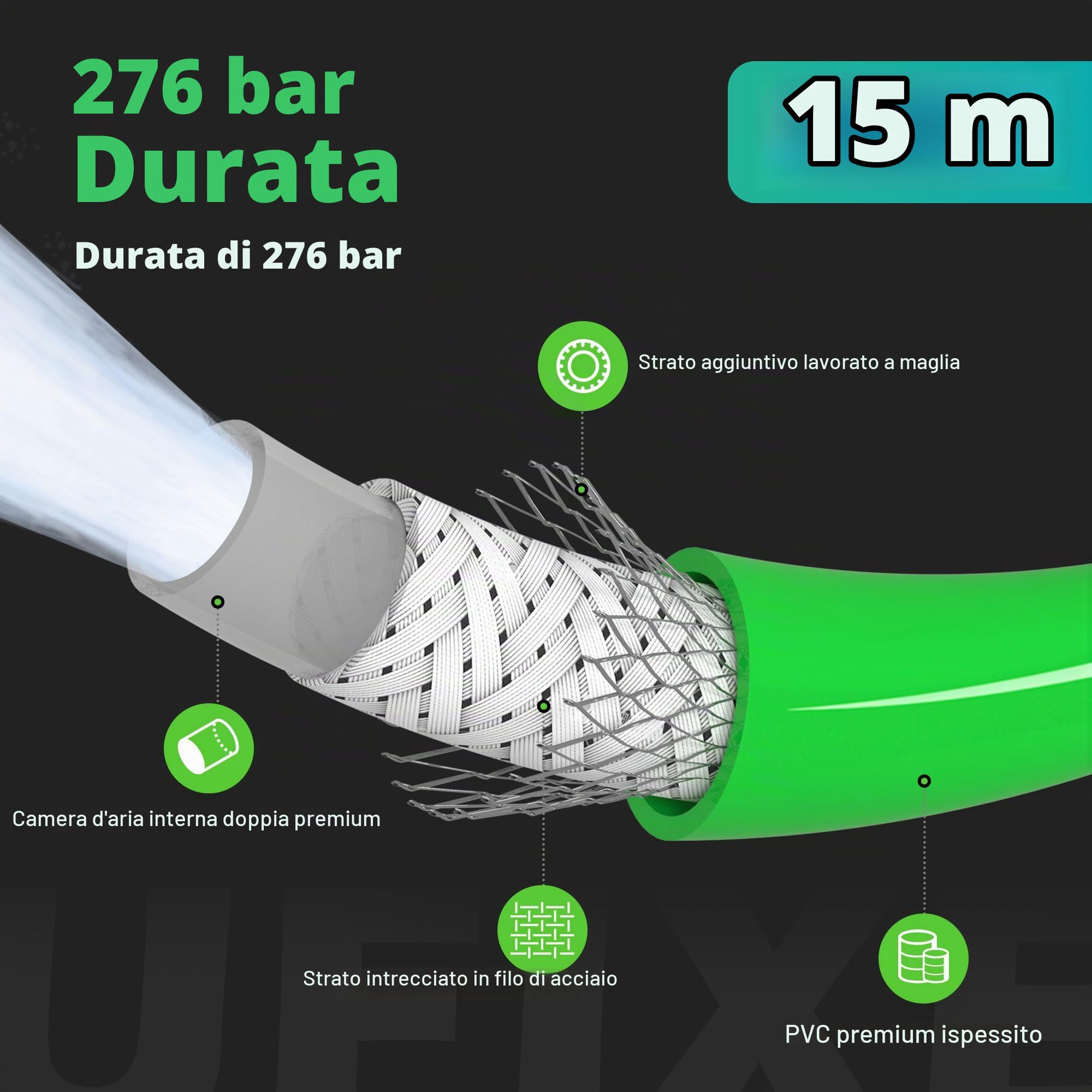 Tubo per Idropulitrice ad Alta Pressione 15 Metri, 4000 PSI, 275 BAR, Ecologico, Flessibile e Durevole, Adatto per Idropulitrici, con Raccordi e Adattatore in Ottone