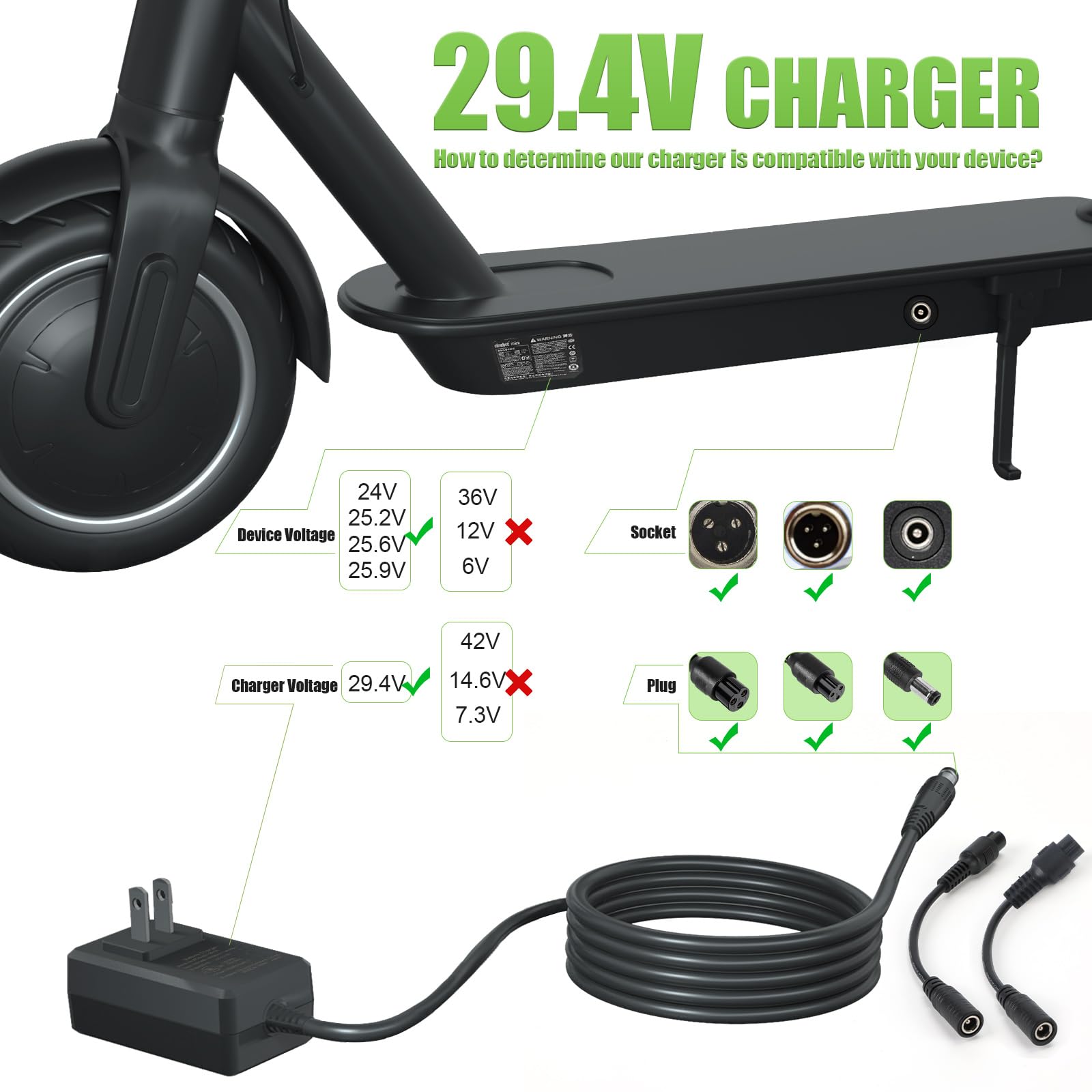 29.4V Compact Electric Scooter Charger 3 Plugs for Gotrax Razor Jetson & More Hoverboards, Ebikes, Escooters 7S (24V 25.2V 25.9V) Lithium Battery, UL Certified Safe & Powerful & Small