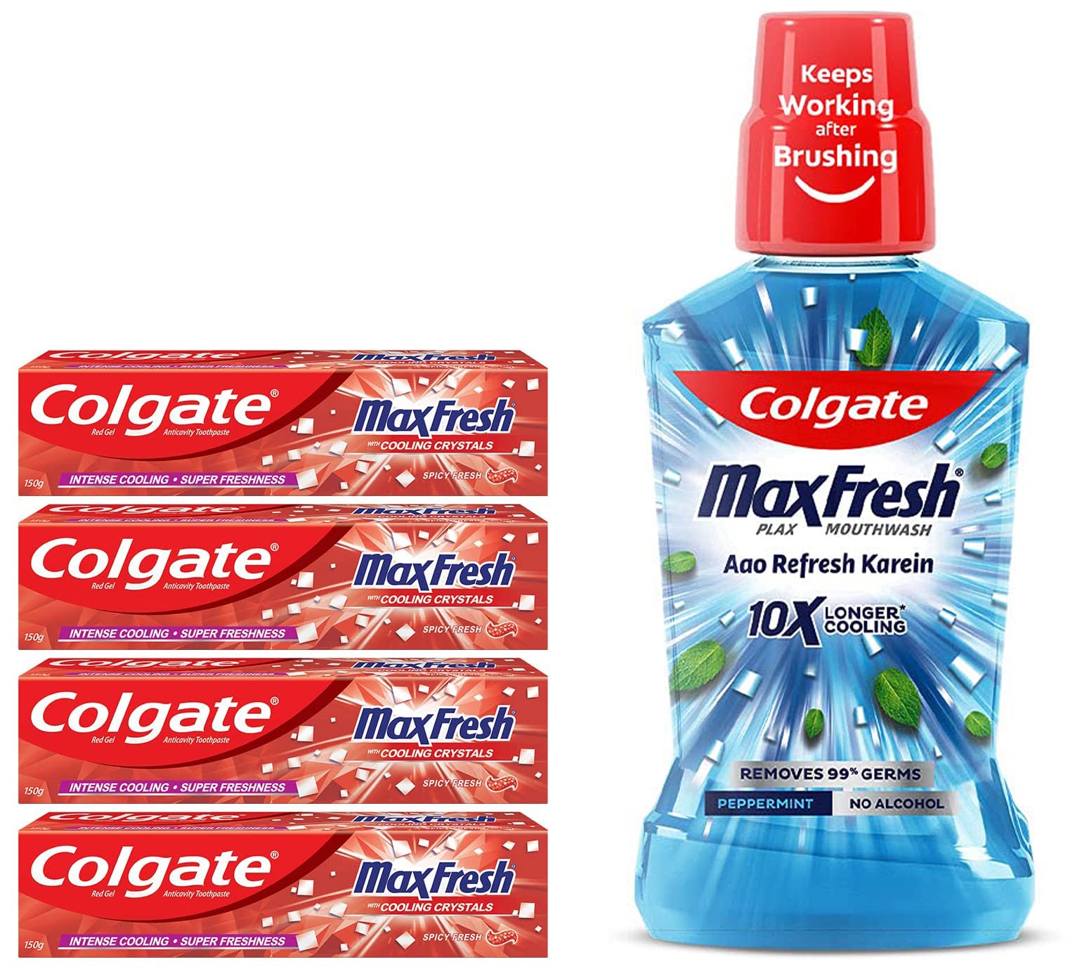 Colgate Max Fresh Bad Breath Treatment Toothpaste, Red Gel Paste With Menthol For Super Fresh Breath, 600G, 4 X 150G Tubes & Plax Peppermint Mouthwash, 0% Alcohol - 500 Ml