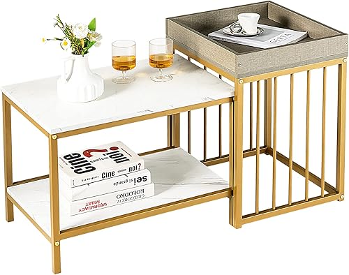 Giantex Juego de 2 mesas auxiliares anidables, juego de mesa auxiliar que ahorra espacio con bandeja superior y mesa auxiliar estrecha de 2 niveles,