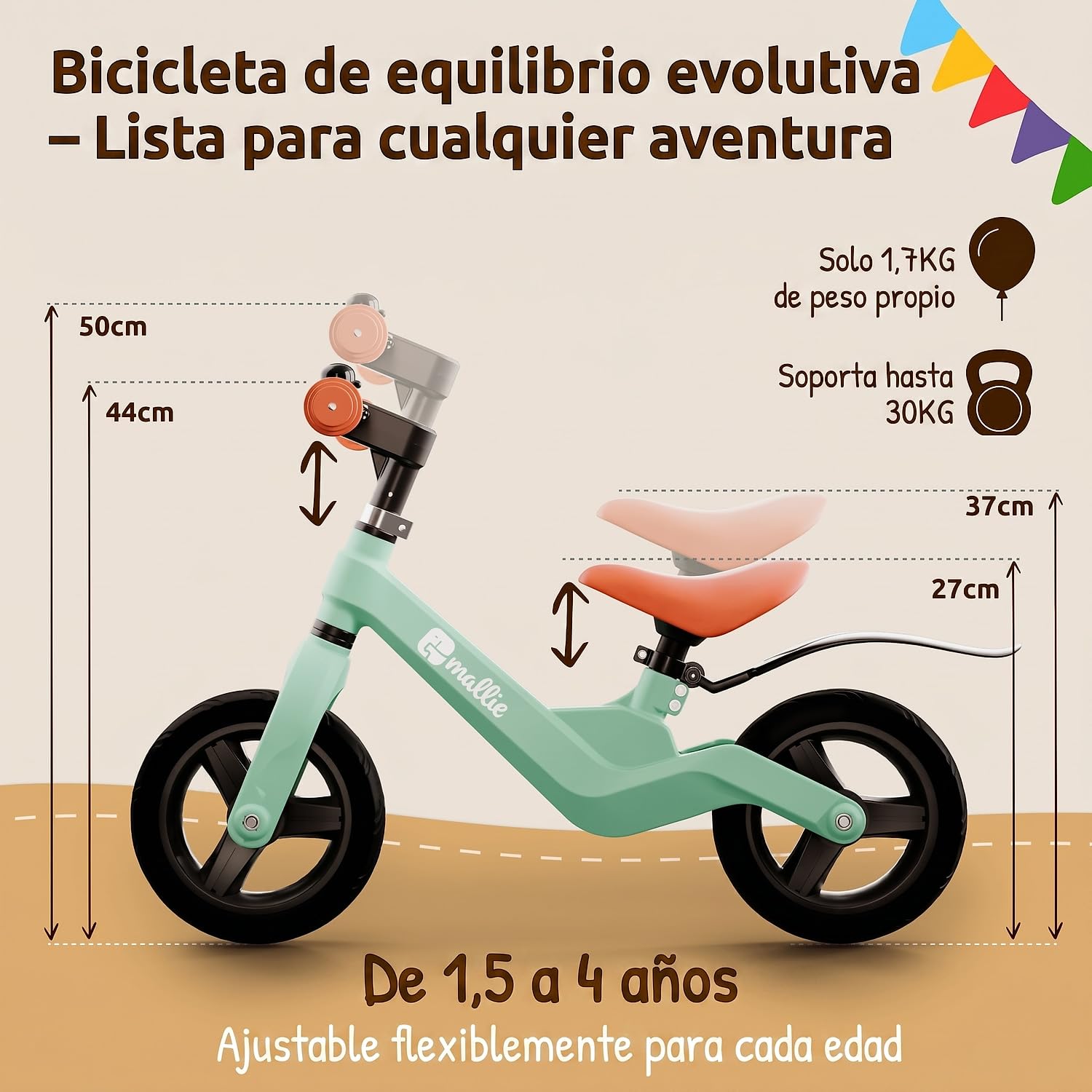 Mallie® Bicicleta Niño 2 Años con Timbre - Bici Bebe, Bicicleta Niño 4 Años, 3 Años, Bicicleta Bebe, Bici Sin Pedales - Manillar y Asiento Ajustable