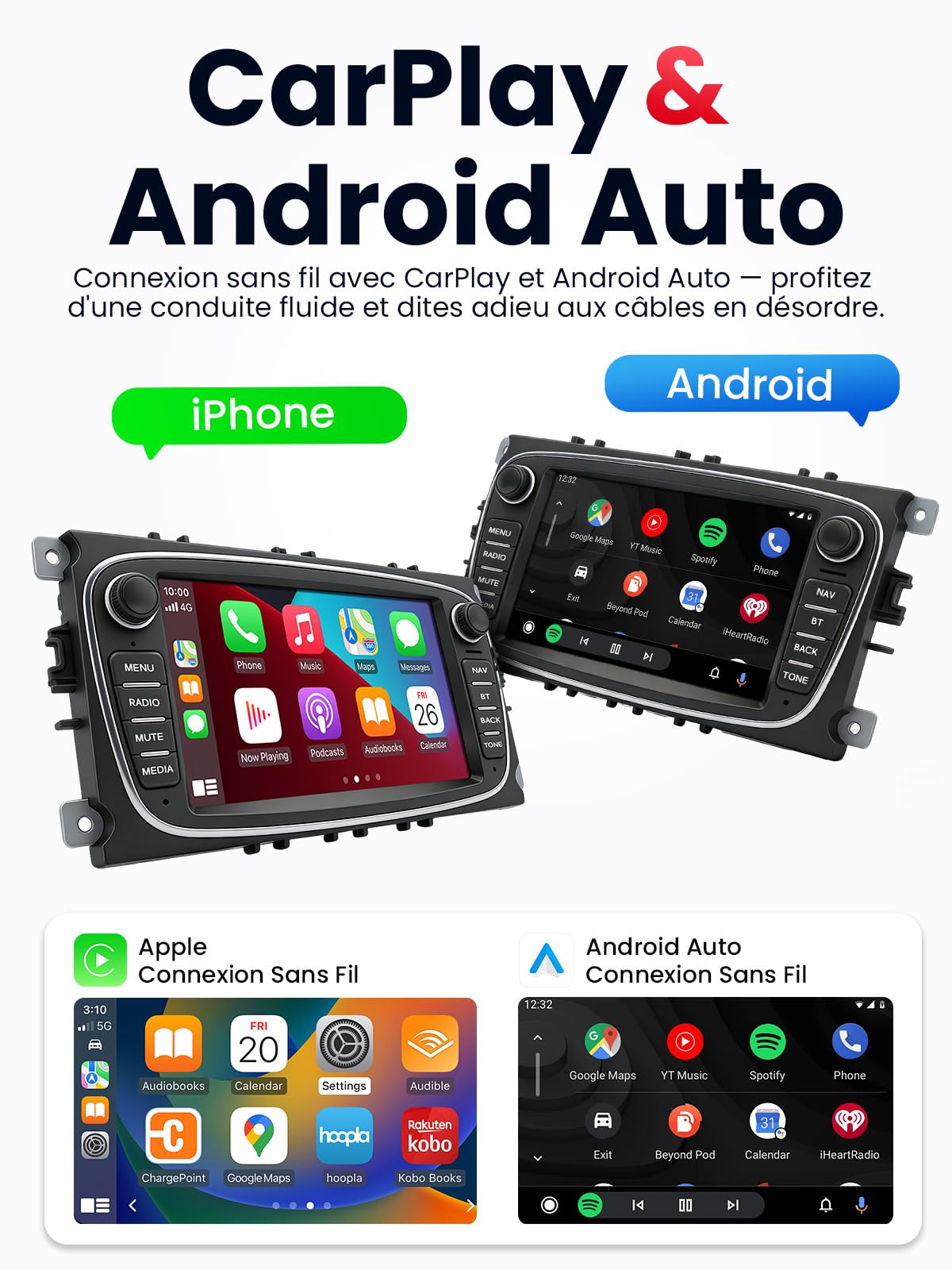 Autoradio Double DIN avec Écran pour Ford Mondeo Focus S-Max Galaxy, CarPlay & Android Auto sans Fil, Écran Tactile Auto 7", 4 Go+64 Go, Bluetooth WiFi 5 GHz Dab+ FM AUX GPS