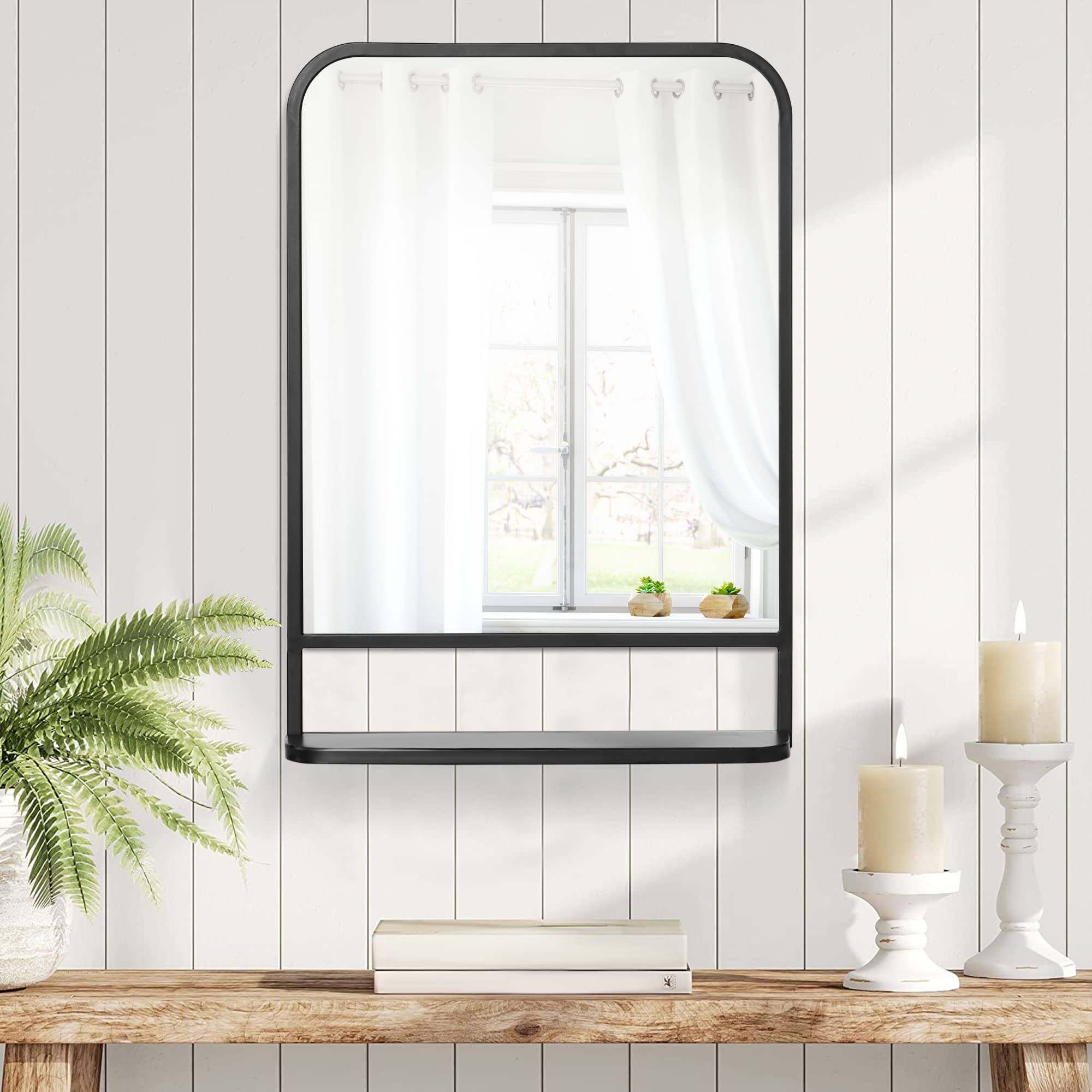 HOMCOM Espejo Decorativo de Pared 50x70 cm Espejo Rectangular Negro | Metal, Estante de Almacenamiento, Salón Dormitorio Entrada, Estilo Moderno