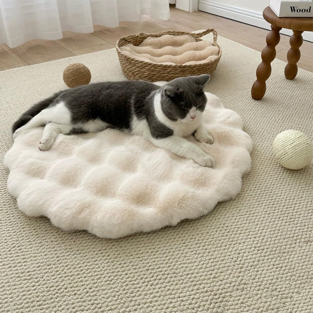 Self Warming Cat Bed Mat, Round Faux Fur Pet Cushion Pad, Non-slip Washable Thermal Blanket For Indoor Cats Kittens Puppies, 30cm Beige 15.7in Round