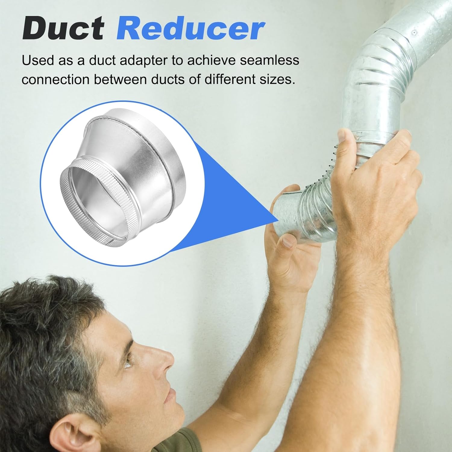 Eccentric Duct Reducer (10" to 8") - Galvanized Steel Crimped End Ducting Connector Increaser Round Air Duct Adapter Pipe Vent Inline Fitting for HVAC Ventilation System, Silver