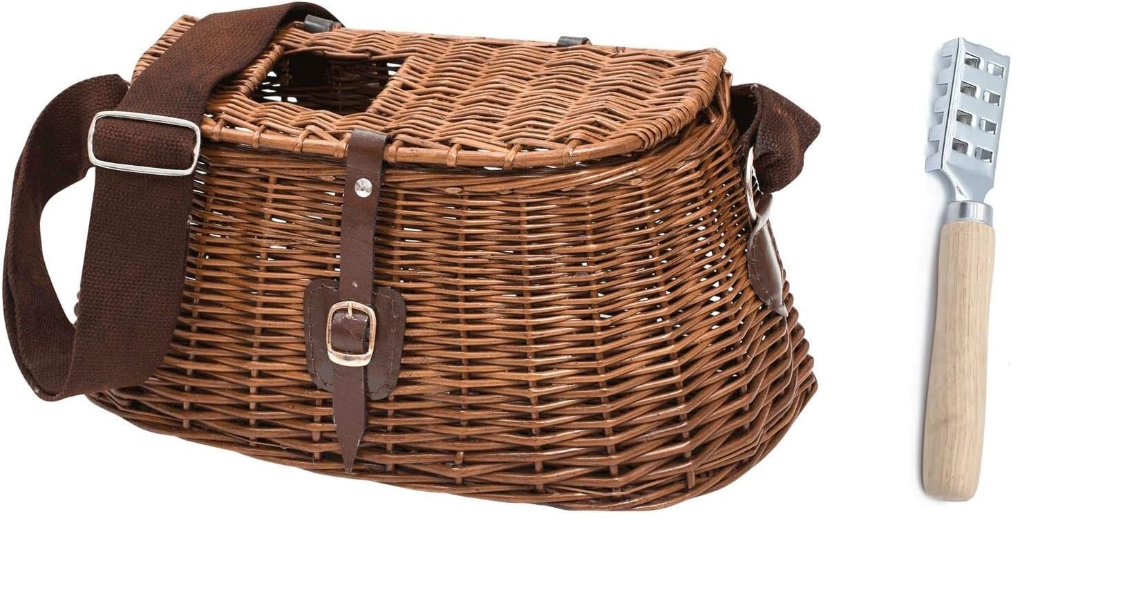 Panier pêche rivière ancien – Osier tressé + sangle cuir