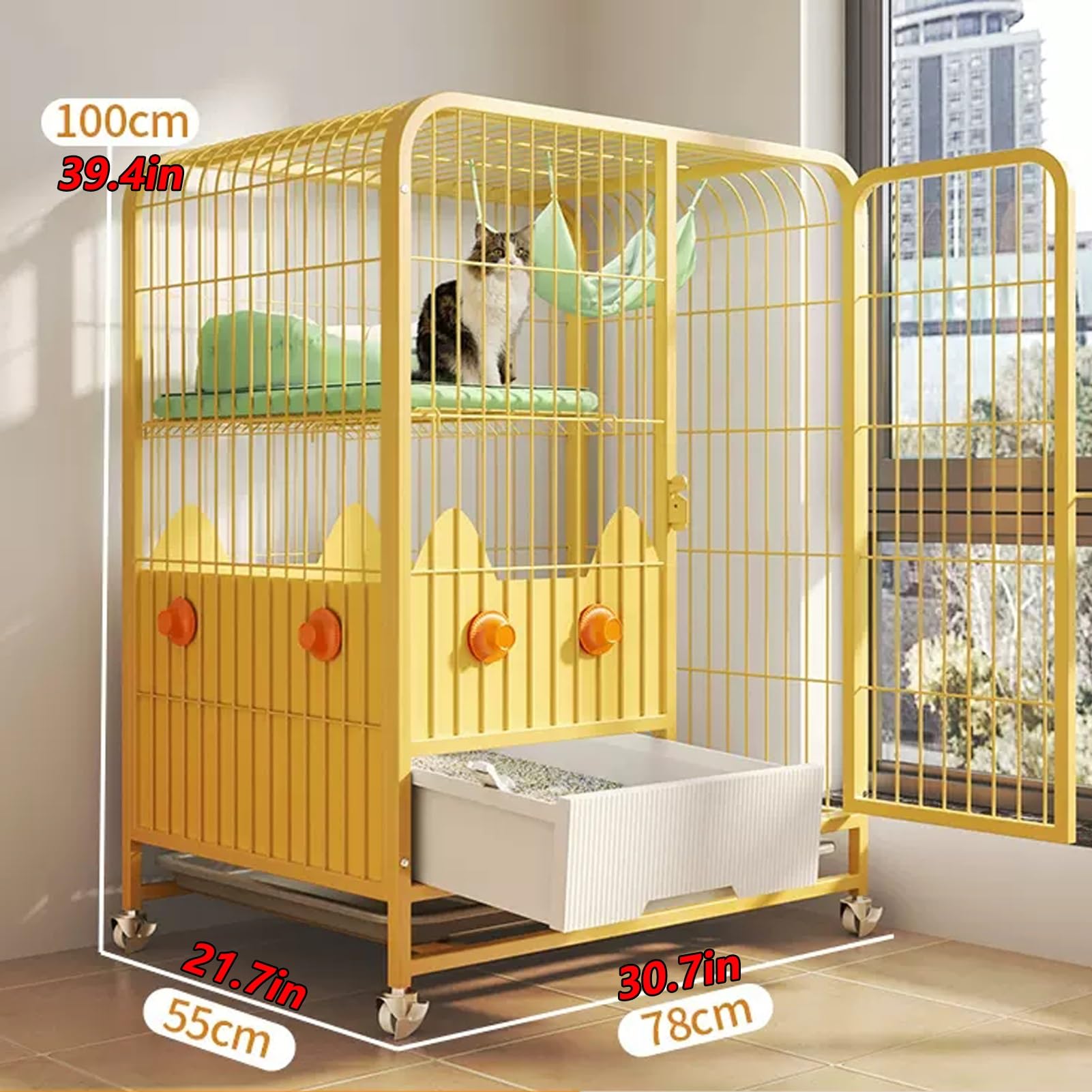 Klatka dla kota 2/3-poziomowa, wybieg dla kota z kuwetą i kółkiem, domowy, DIY kojec dla kota dla małych zwierząt, z hamakiem i rampą, drabinkami i przegrodą na żwirek dla kota zapobiegającą