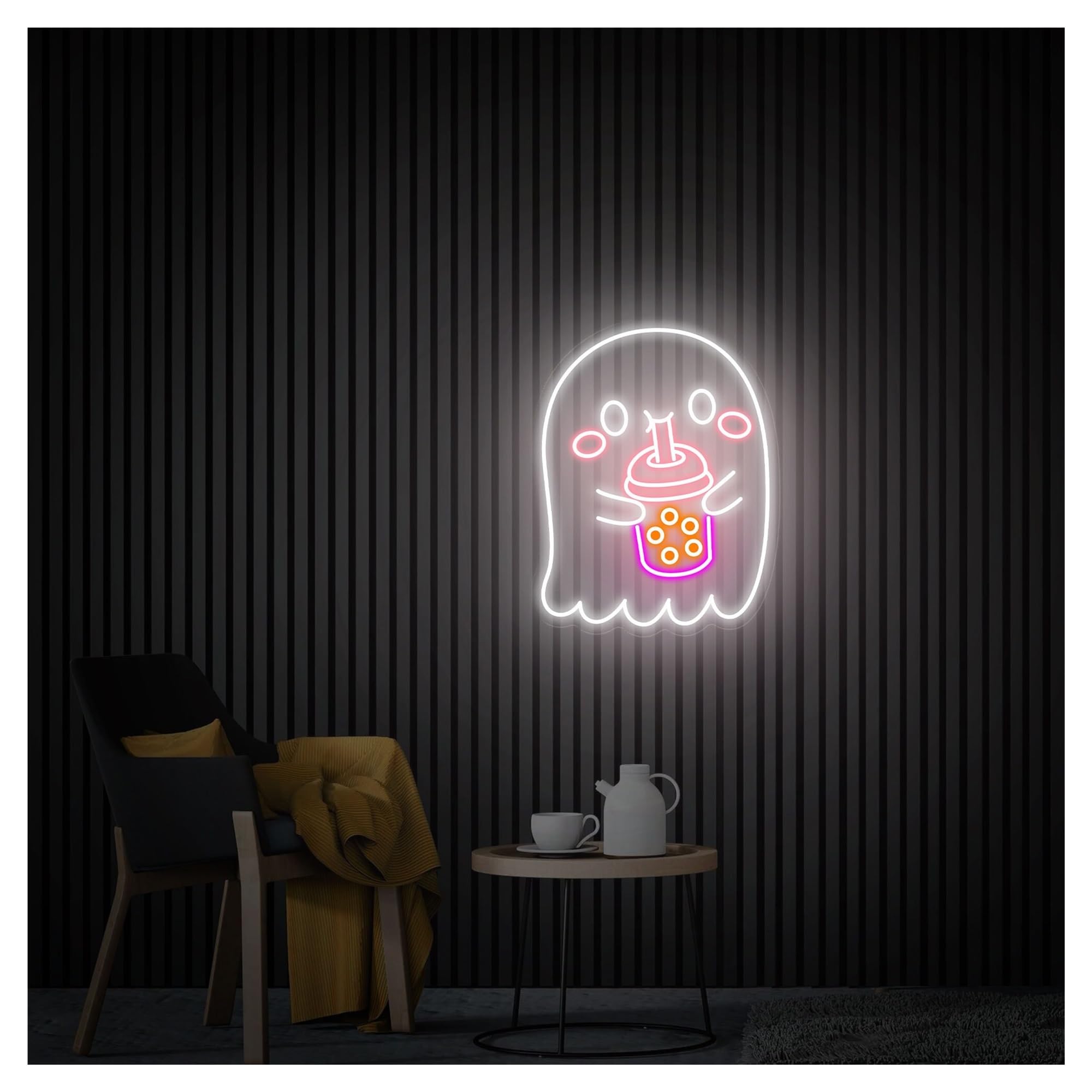 RONGCH Hanging Art Signs Ghost Drinking Bubble Tea Neon Sign,Suitable for Cafe Wall Decor with Dimmable 31cmx40cm(D)