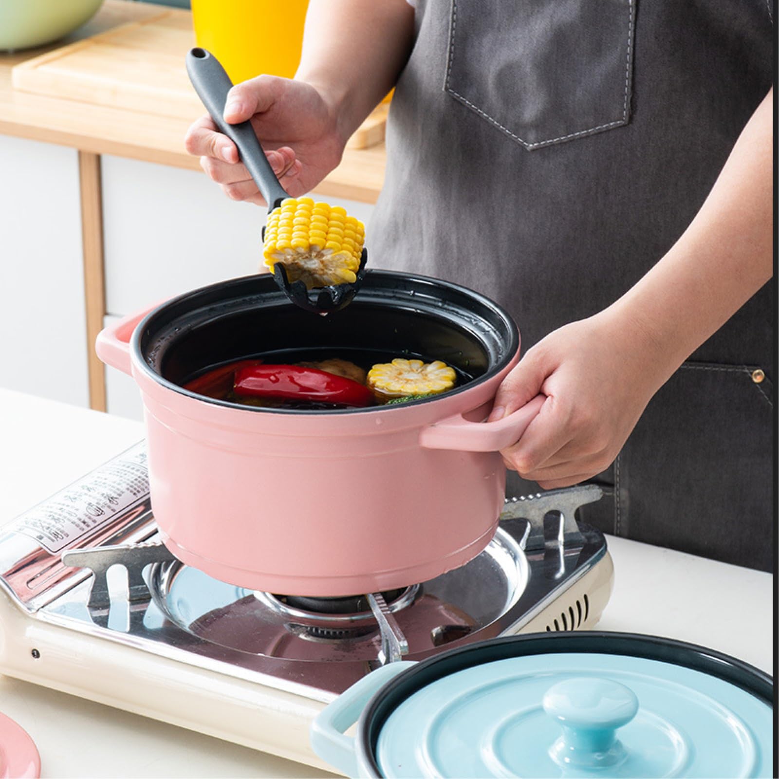 Casserole en céramique avec couvercle = faitout domestique binaural haute température vert -3.6L rond
