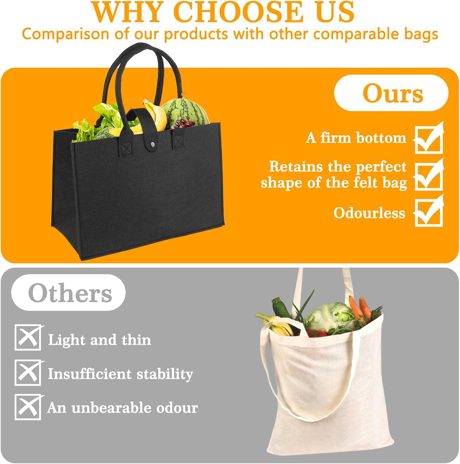 Pack of 4 Felt Bags Shopper, 2 Felt Bags Large 39 x 26 x 20 cm with 2 Small Felt Pockets, Large Felt Bags, Foldable Shopping Bag Felt for Toys, Shopping, Going Out, Storage image 5
