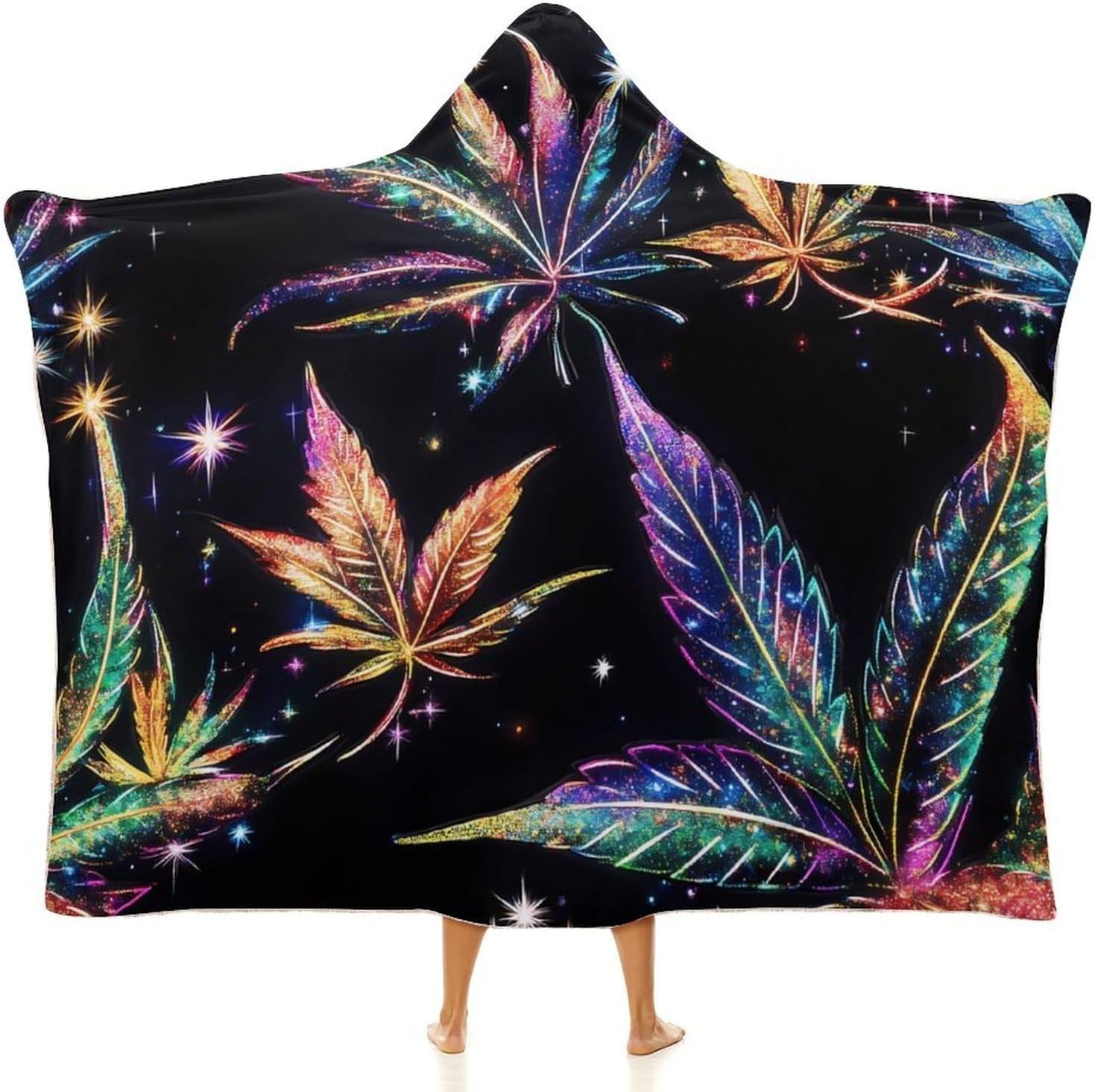 Colorful Weed Leaves Wearable Blanket Oversized Throw Cape | Cozy Hooded Blanket Gifts for Women Men