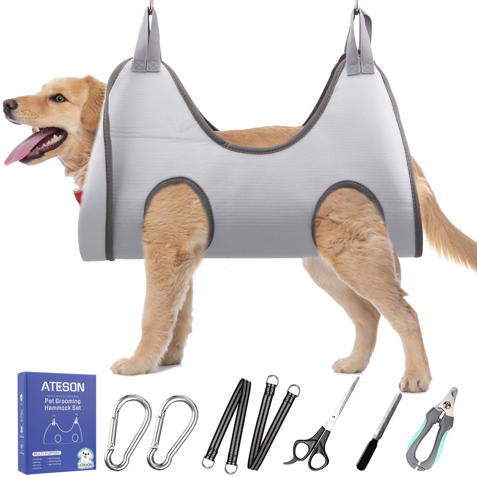 ATESON Pet Grooming Hammock Harness for Large Giant Dogs Nail Trimming XXL, Dog Sling for Cutting Nails, Dog Hanging Holder Hanger with Nail Clippers, Nail File, Scissors