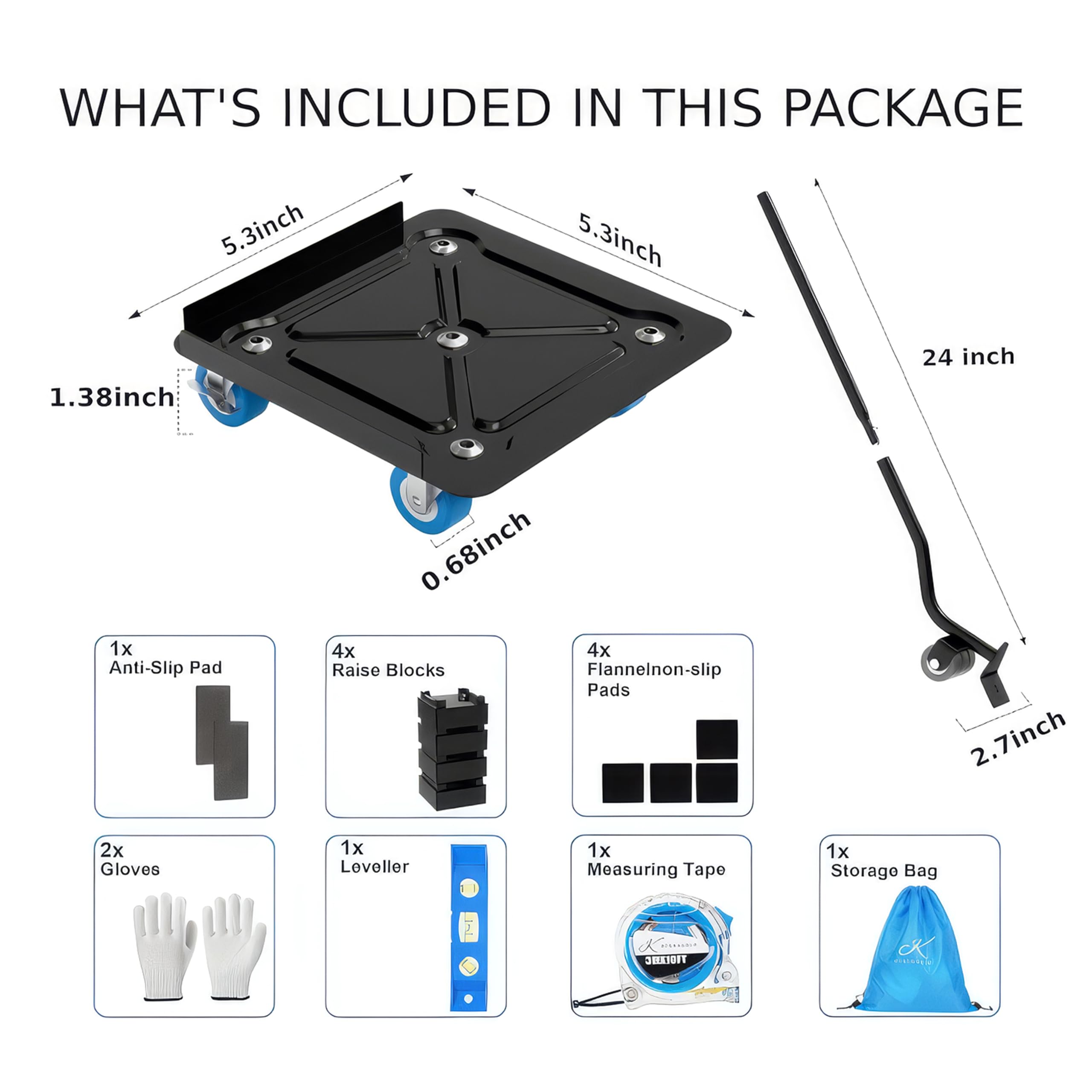 Plataforma rodante resistente para muebles con rotación de 360°, 5 ruedas, aleación de acero, capacidad de carga de 3000 libras con cinta métrica y nivelador para facilitar el movimiento de