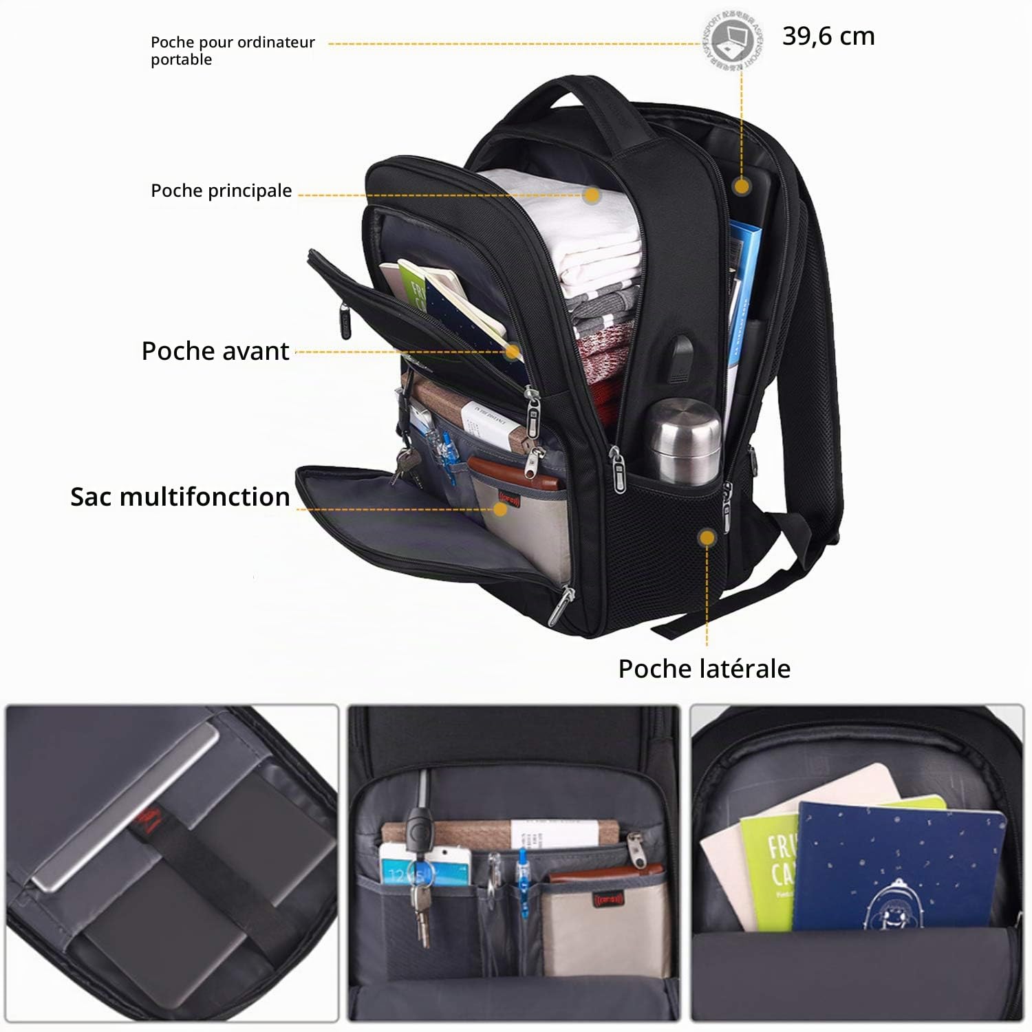 FANDARE Sac à Dos Ordinateur Portable 15.6 Pouces Homme Femme Imperméable avec USB Sac à Dos d'affaires Sac à Dos Fonctionnel Sac a Dos PC Portable pour Loisirs/Affaire/Scolaire Polyester Nouveau Noir