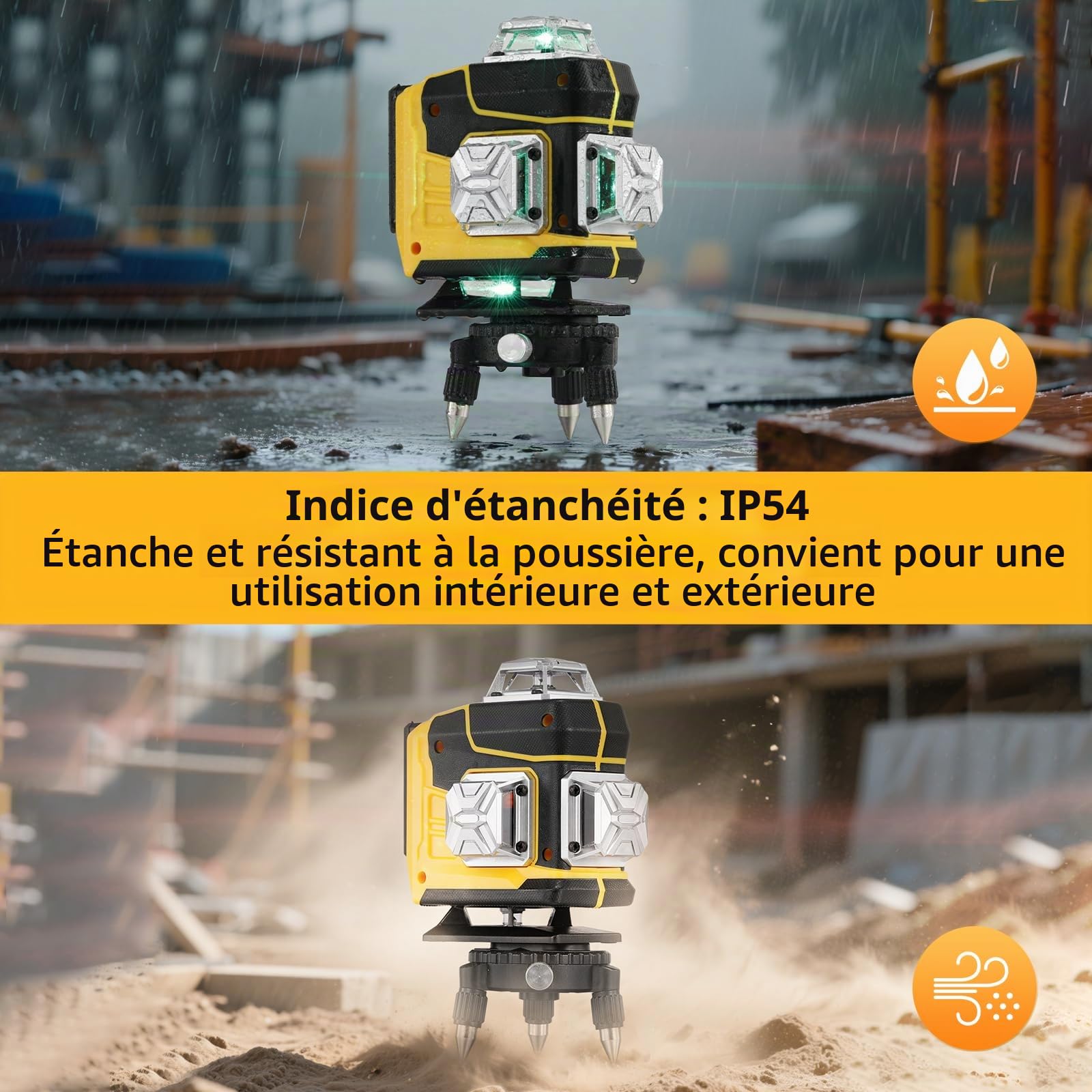 Niveau laser 4D 16 lignes,3° nivellement automatique, batterie au lithium rechargeable, outil de nivellement avec 3 rallonges en alliage réglables en hauteur, trépied