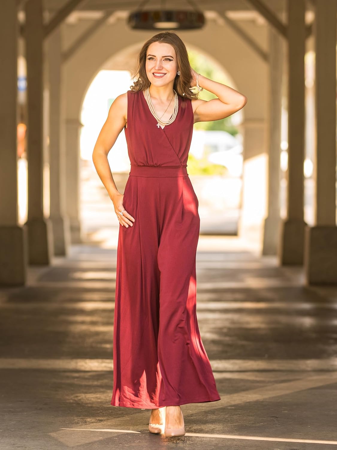 Knitee Women's Sleeveless Deep V Neck Ruched Wide Leg Jumpsuit Long Romper Belt with Pockets - Image 3