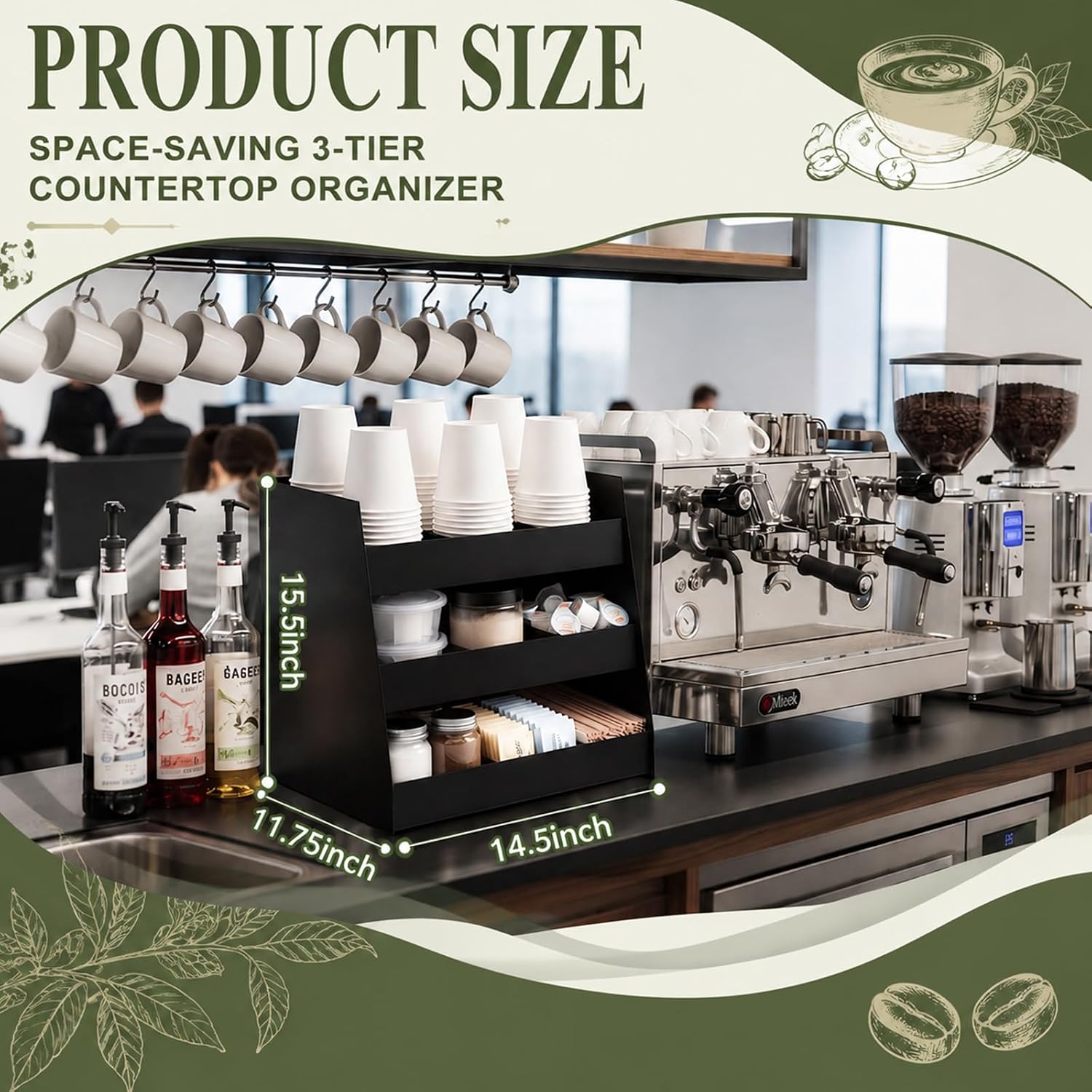 Wesiti Vertical Condiment Organizer, Commercial Countertop Coffee Cup Organizer, Carbon Steel 3-tier Adjustable Countertop Mounting Coffee Station with Removable Divider for Cafe, 14.5×11.75×15 in