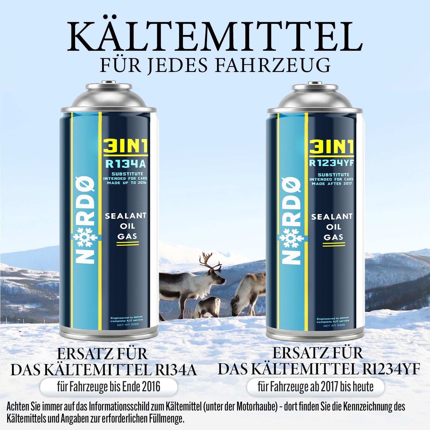 Nordo - 3in1 R1234yf Klimaanlage Nachfüllset – 5 x 3in1 Gas mit Füllschlauch und YF Adapter – Auto Klimaanlage Nachfüllen – 5 x 235 g