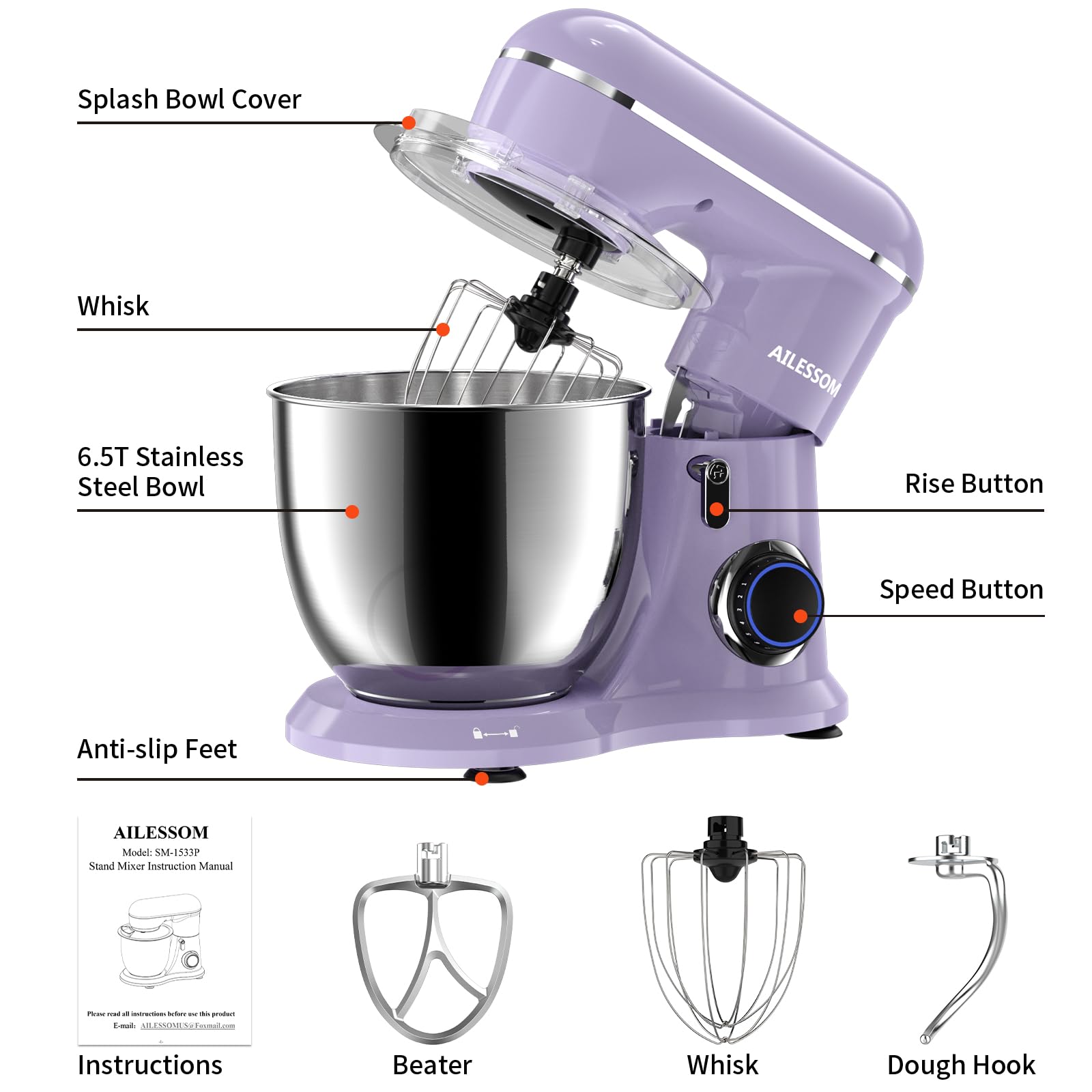Ailessom Stand Mixer,6.5-QT 660W 10-Speed Tilt-Head Food Mixer, Kitchen Electric Mixer with Bowl, Dough Hook, Beater, Whisk for Most Home Cooks, (6.5QT, Vine Purple?…, 1533P