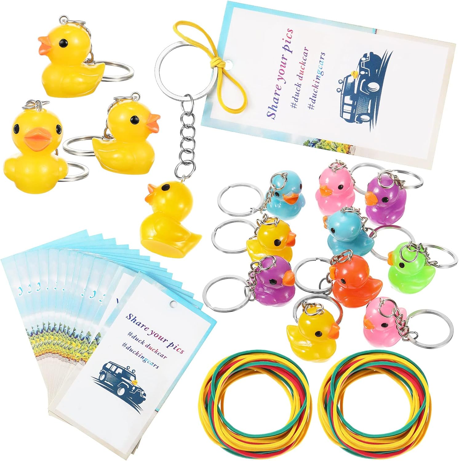 Meanplan 108 Pcs Rubber Duck Keychains with Cards Tag Set