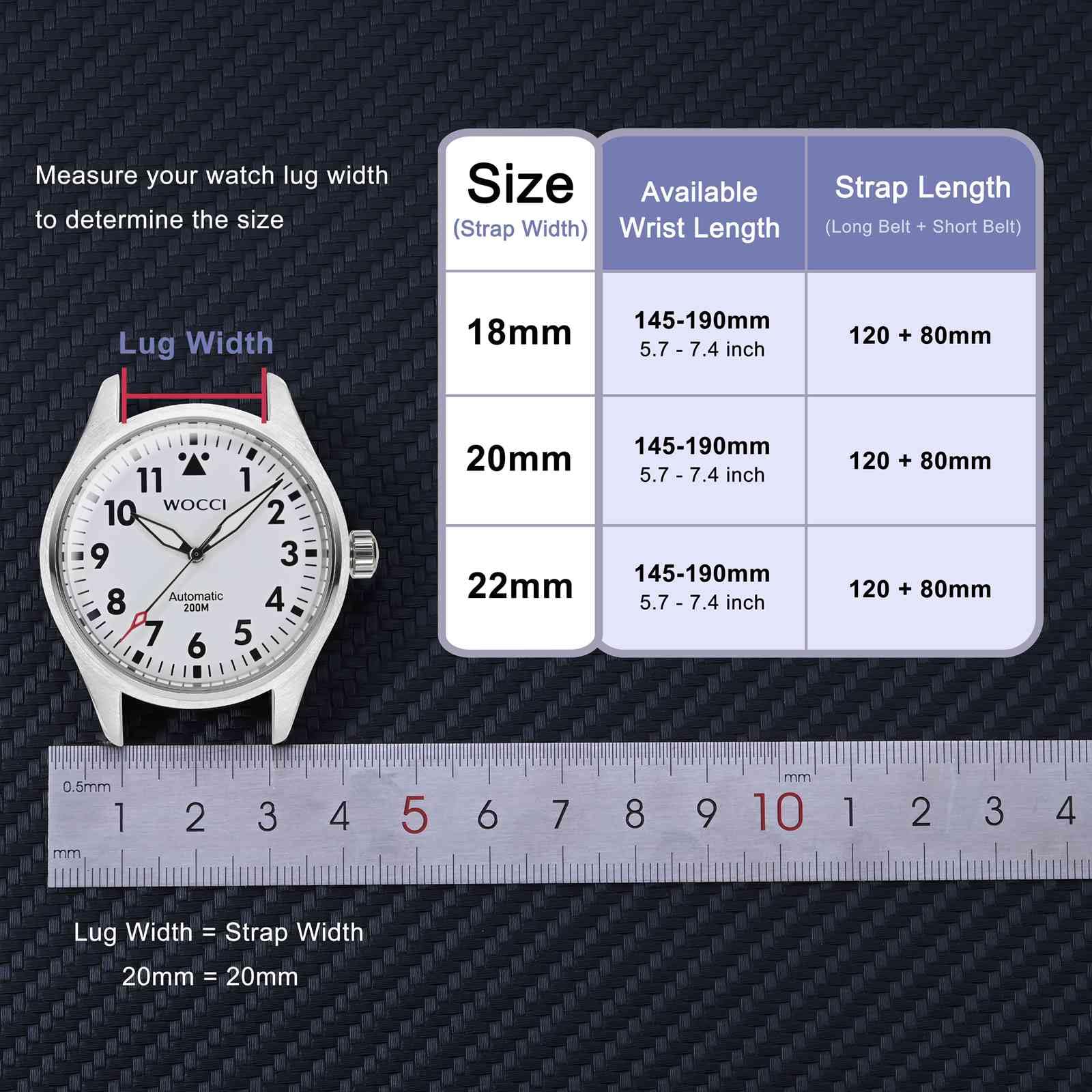 WOCCI Pasek do zegarka ze wzorem denimu, włoska skóra, klamra ze stali nierdzewnej, szerokość paska 18 mm 20 mm 22 mm