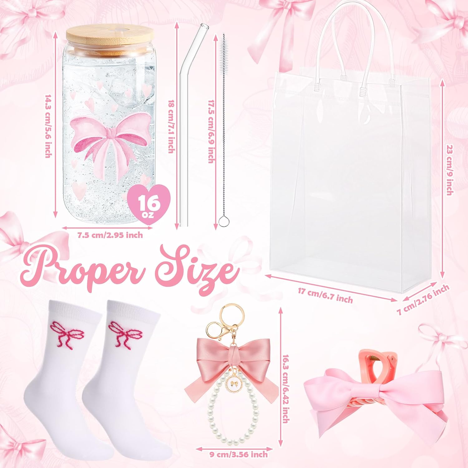 5 Pcs Pink Bow Gift Set with Cute Bow Keychain, Bow Aesthetic Cup, Socks, Clear Gift Bag, Bows Claw Clips Pink Bow Gift box Coquette Stuff for Girls Women Friends Birthday - Image 4
