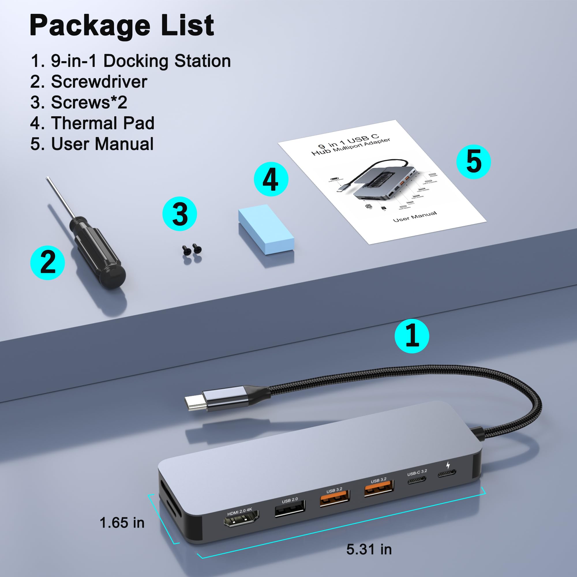Stacja dokująca USB C z obudową M.2 NVMe SSD 10 Gb/s, koncentrator USB-C 9 w 1, gniazdo SSD typu C z HDMI 4K przy 60 Hz, USB 3.2 Gen2, PD100W, czytnik kart SD/TF, stacja dokująca do laptopa Dell / HP