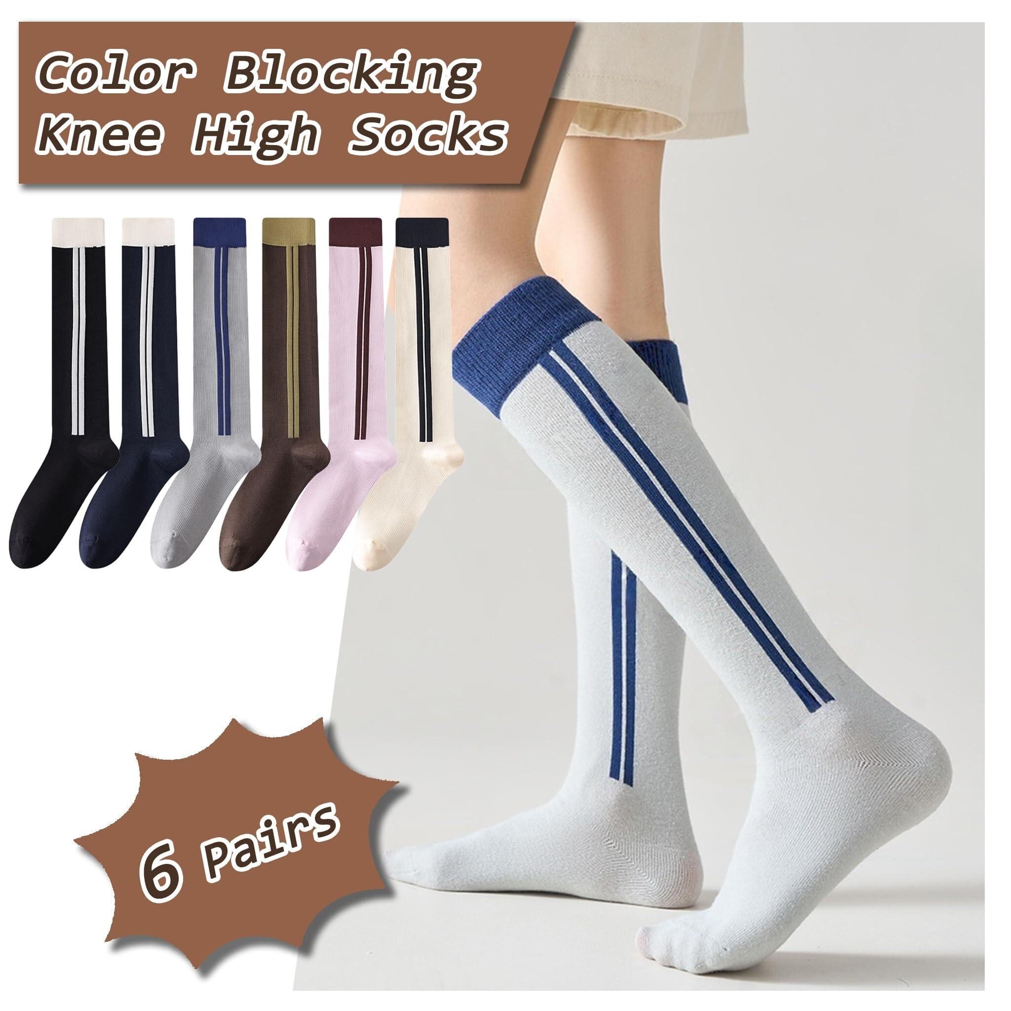 3 pares de elegantes calcetines hasta la rodilla con estampados de rayas en colores contrastantes for combinar con botas y zapatillas.