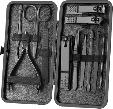 Manicure Set Nail Clippers Pedicure Kit -12PCS Stainless Steel Manicure Kit, Professional Mens Grooming Kits, Nail Care Tools with Luxurious Travel Leather Case Gift Box 12, Black