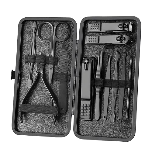 XMOSNZ Manicure Set Nail Clippers Pedicure Kit -12PCS Stainless Steel Manicure Kit, Professional Grooming Kits, Nail Care Tools with Luxurious Travel Leather Case Gift Box (12, Black) - 12 - Black