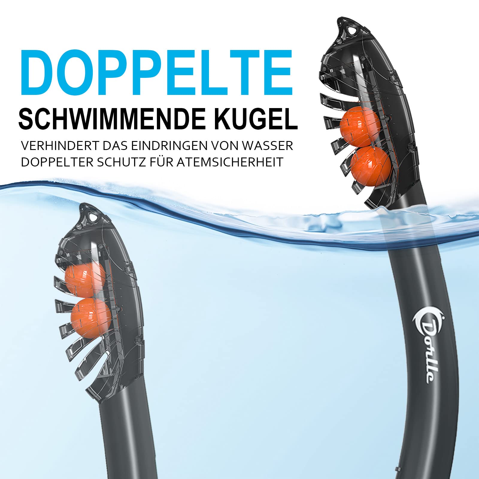 Dorlle Gafas de Buceo Adulto, Máscara de Esnórquel Panorámica 180°,Mascara Buceo Impermeable, Antivaho, con Cristal Endurecido y Gafas Snorkel Seco de 3 Canales para Hombres Mujeres