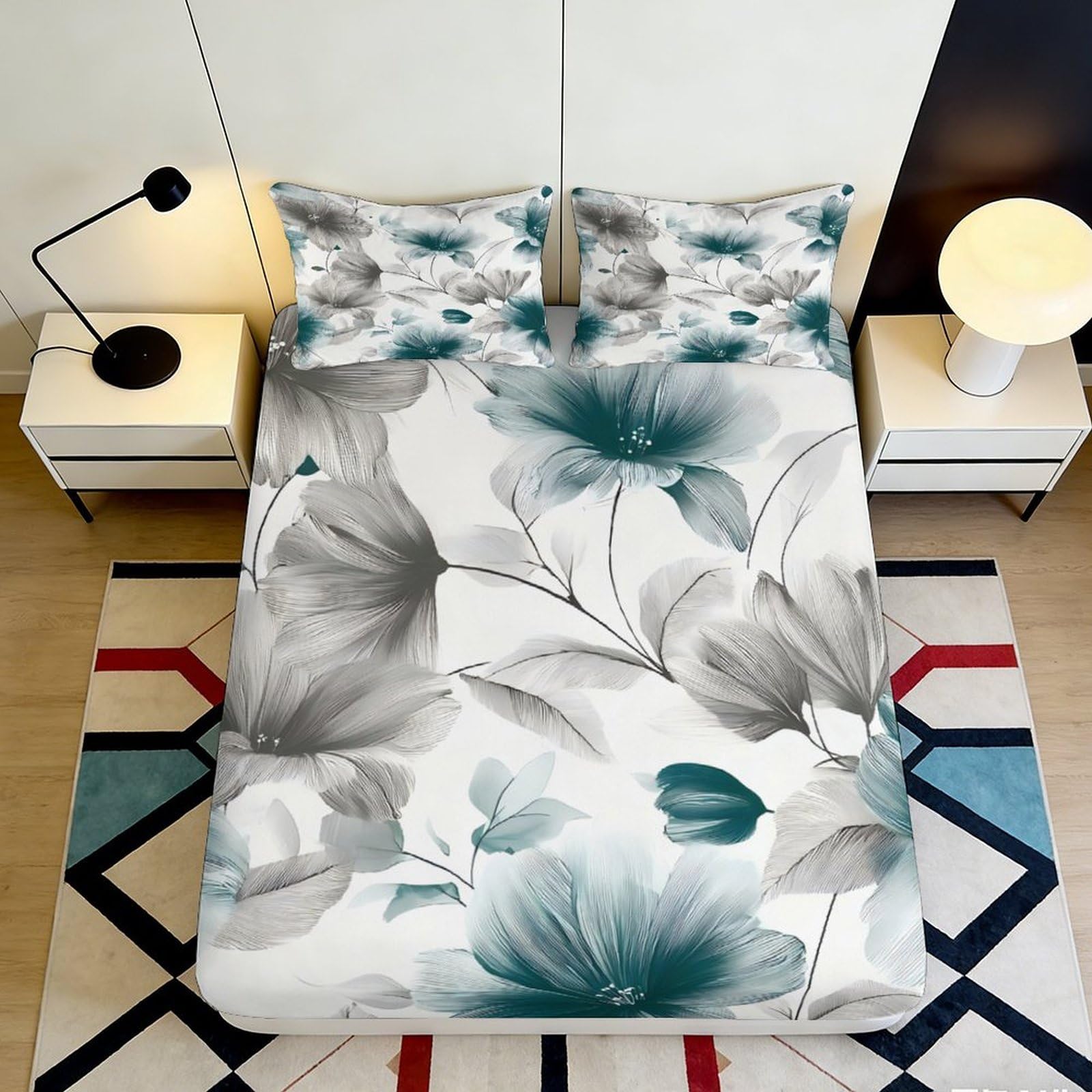 Kzqnxhjprl Style-10 3D Printed Teal Grey Floral Fitted Sheet Microfiber Soft Breathable Watercolor Blossom Mattress Cover For Bedroom Guest Room Decor 90X200x25cm