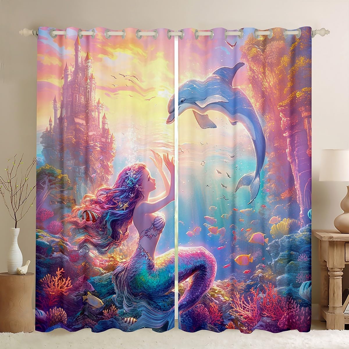 Mermaid Princess Kids Window Curtains,Dolphin Tropical Fish Coral Marine Life Window Drapes for Girls Women,Undersea World Castle Blue Window Treatments Grommet Top 2 Panel Set,38Wx45L inch
