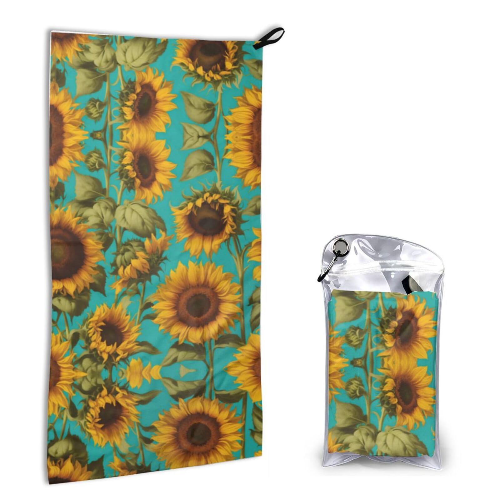 Sunflowers Print Quick Dry Microfiber Towel 16x31.5 Inches, Super Absorbent Lightweight Compact Travel Towel With Carabiner & Carry Bag For Outdoor, Beach, Gym, Camping