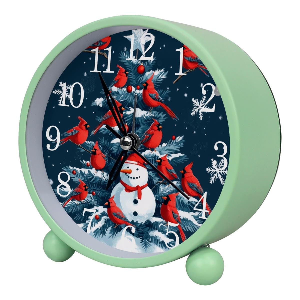 Luoweisi Alarm Clock Red Bird Christmas Tree Snowman, Silent Non-Ticking with Night Light, Round Metal Alarm Clock for Office, Battery Operated, Bedroom, Elderly, Adults, Children, Student Gifts