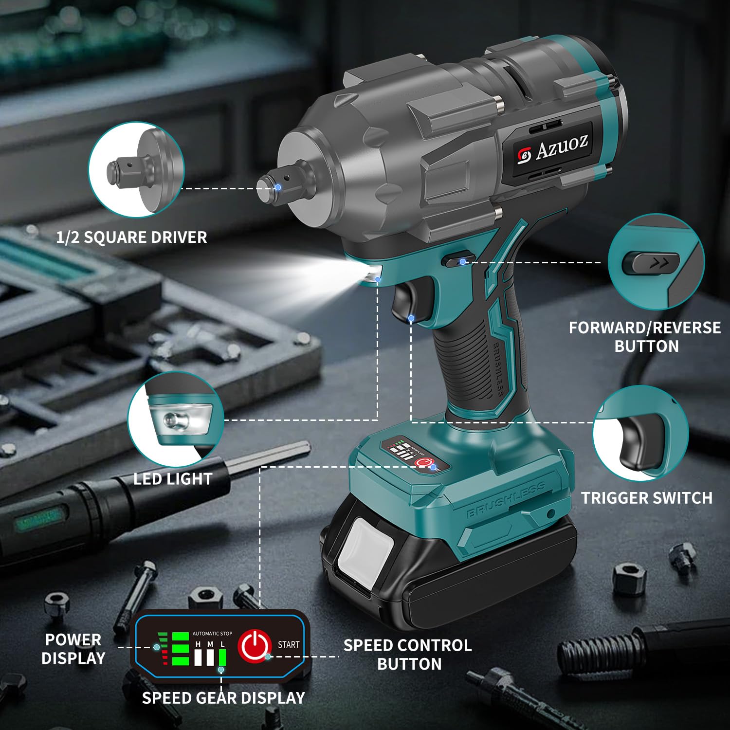 Llave de impacto inalámbrica 1/2 para batería Makita de 18 V, 1500 Nm/1106 pies de libra, destornillador de impacto sin escobillas, herramienta de pistola de impacto de 4 velocidades, 2100 RPM de alto