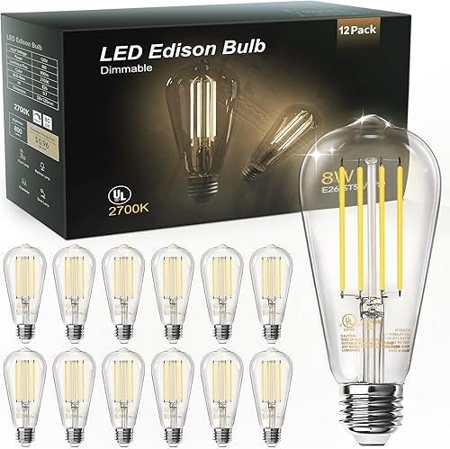 Miniatura 9 de TJOY - Paquete de 12 bombillas LED Edison, regulables, 8W equivalente a 60W, base media E26, luz diurna, 5000K, ST58, 800 lm, ultrabrillante, 5000K