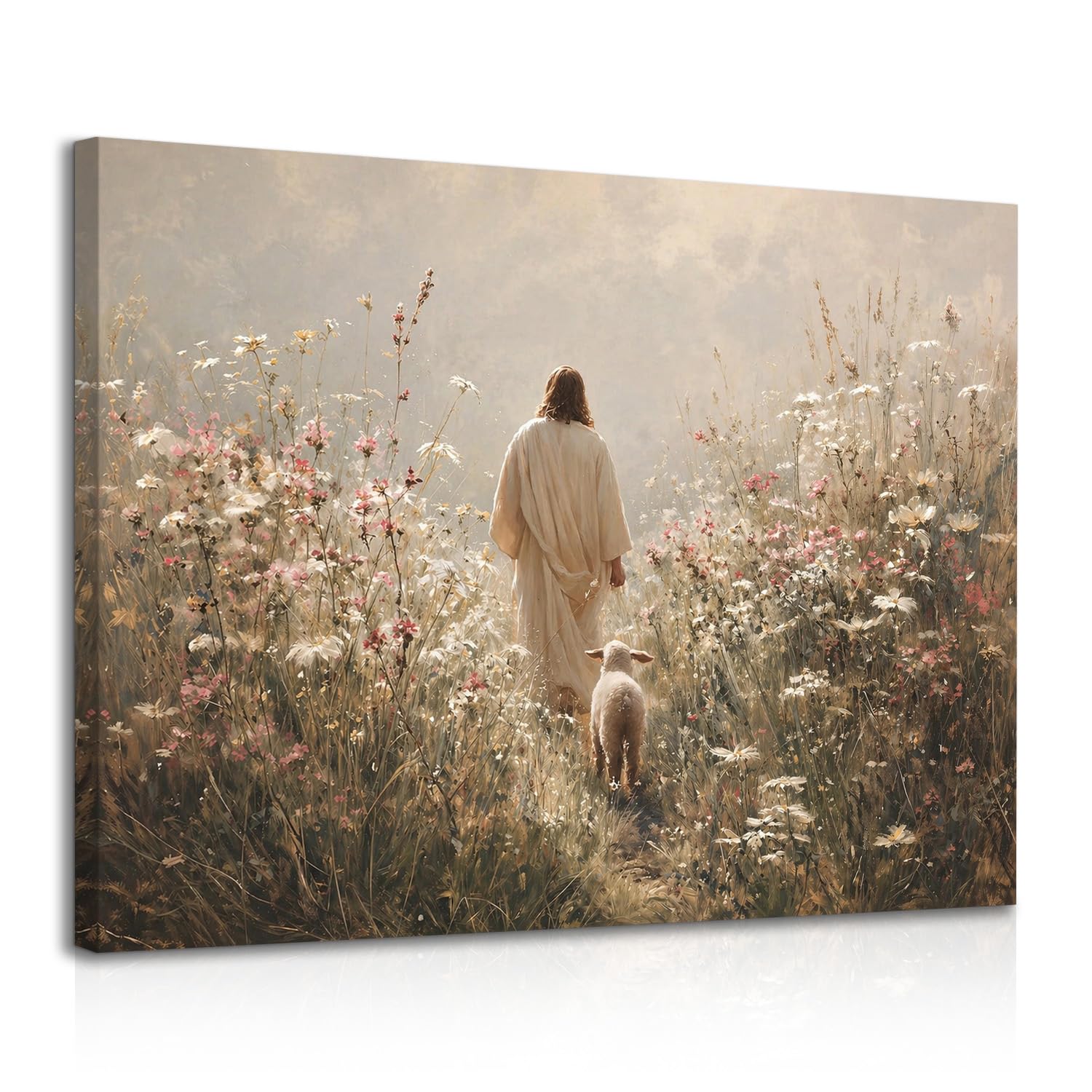Dazzlewall Framed Religious Jesus with Lamb Wall Art Decor, Christian Good Shepherd Canvas Wall Art for Bedroom Church Decor 12x16 in
