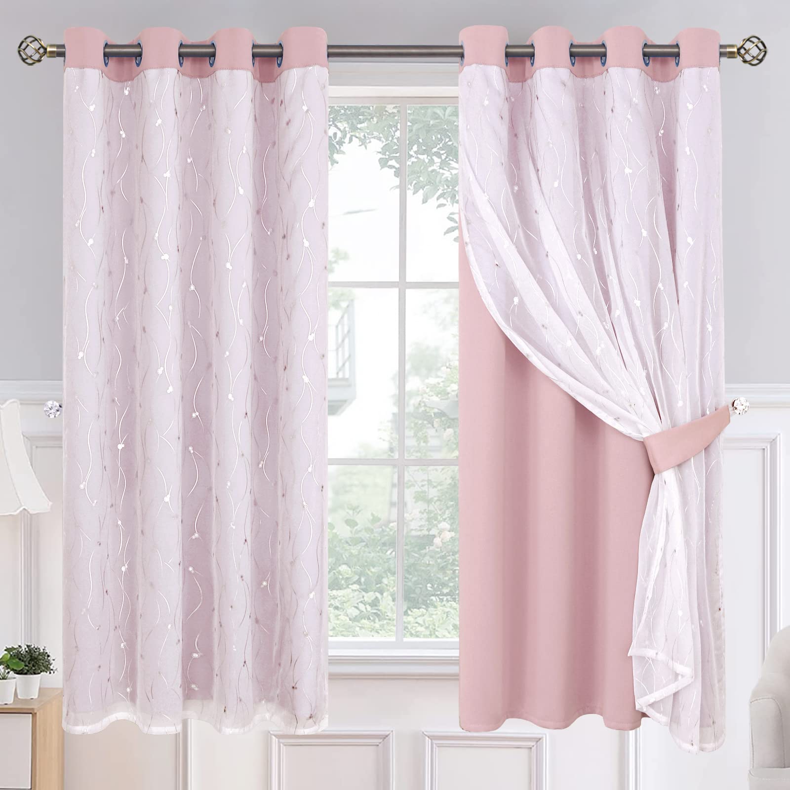 BGment Pink Room Darkening Curtains with Sheer Overlay for Bedroom, Mix and Match Double Layer Grommet Silver Printed Thermal Insulated Tulle Curtains