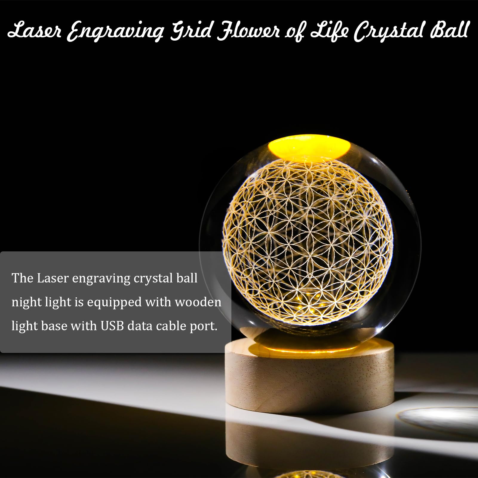 Arikyrist Sfera di cristallo con incisione 3D, motivo fiore della vita, sfera di cristallo incisa al laser, decorazione per la casa, sfera di vetro con incisione sacra, fermacarte, idea regalo per
