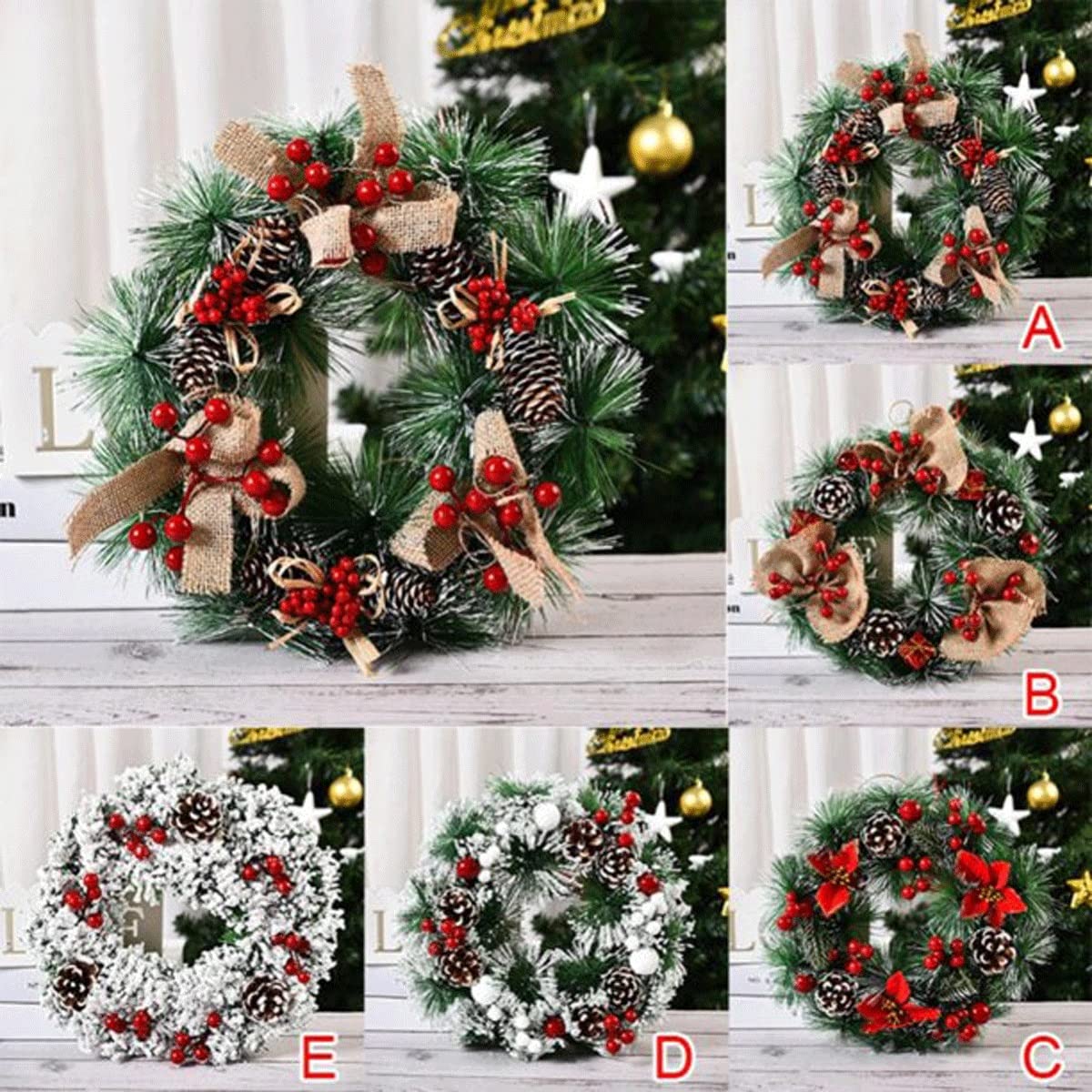Corona de Navidad para puerta delantera, decoración de arte de Navidad, Día de Acción de Gracias, decoración del hogar interior y exterior, corona de guirnalda de Navidad con piñas, lazos a cuadros,
